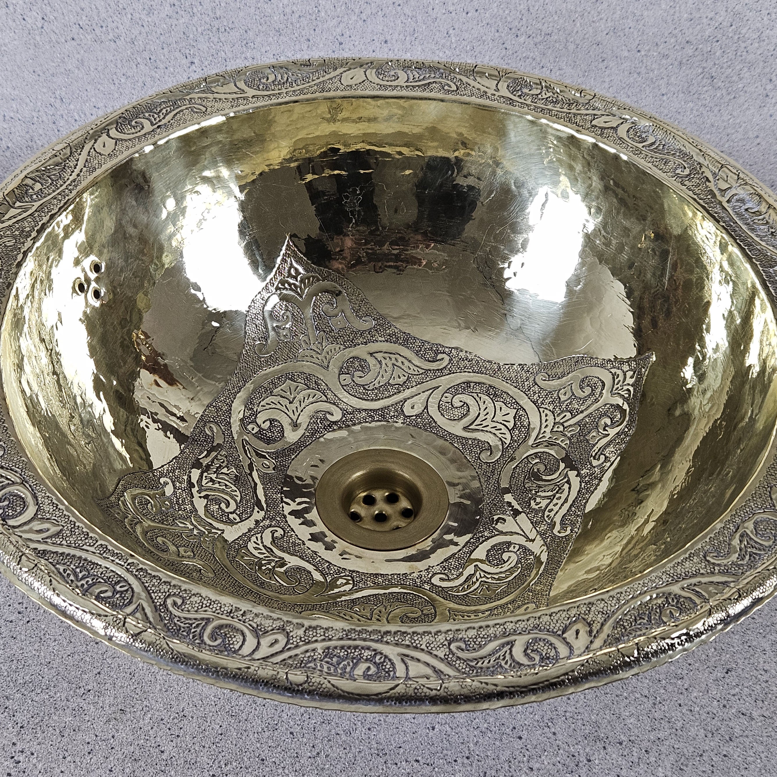 Engraved Round Brass Bathroom Sink – Handcrafted Drop in Basin