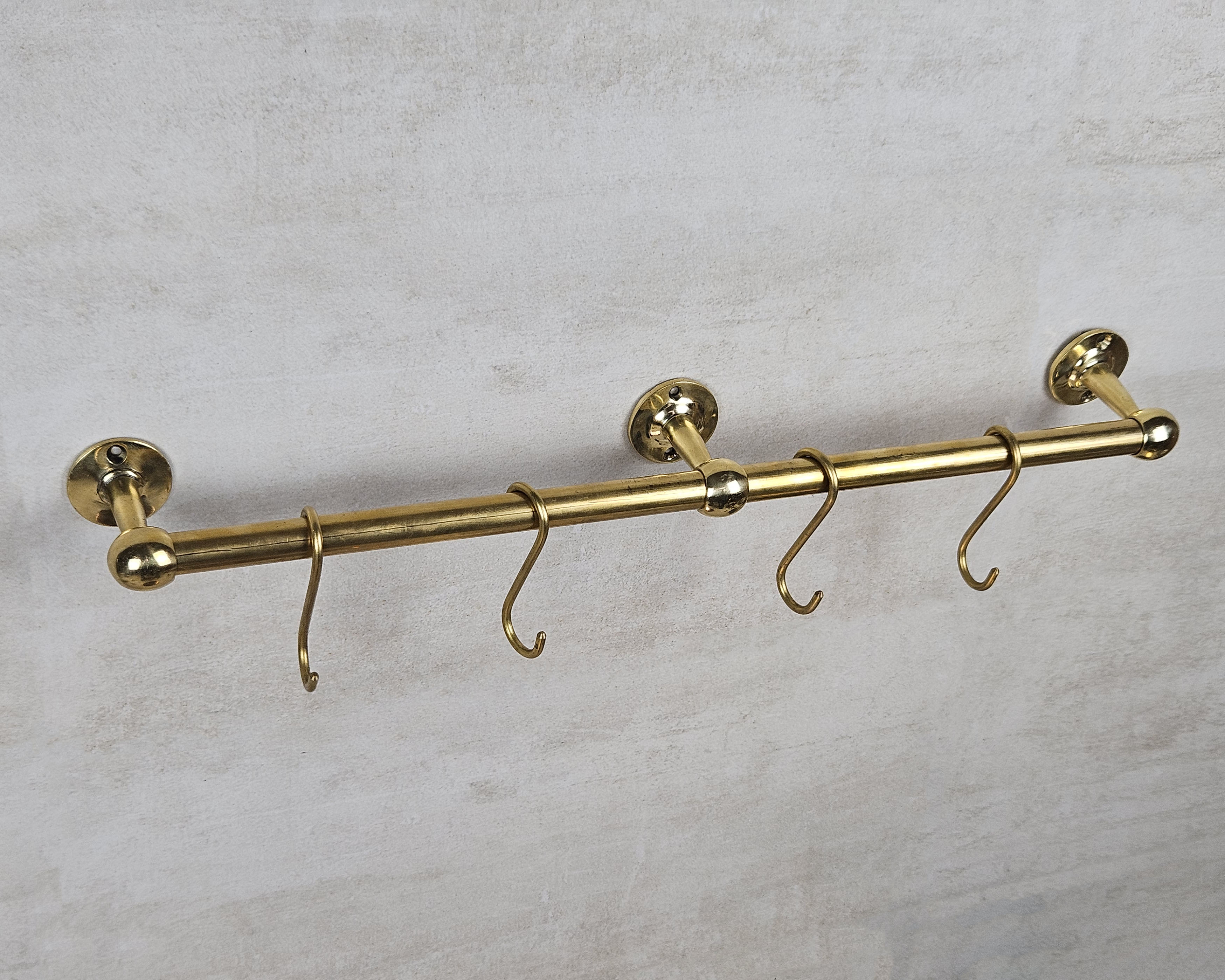 Unlacquered Brass Wall-Mounted Pot Rack with Hooks – Hanging Rail for Pots and Pans