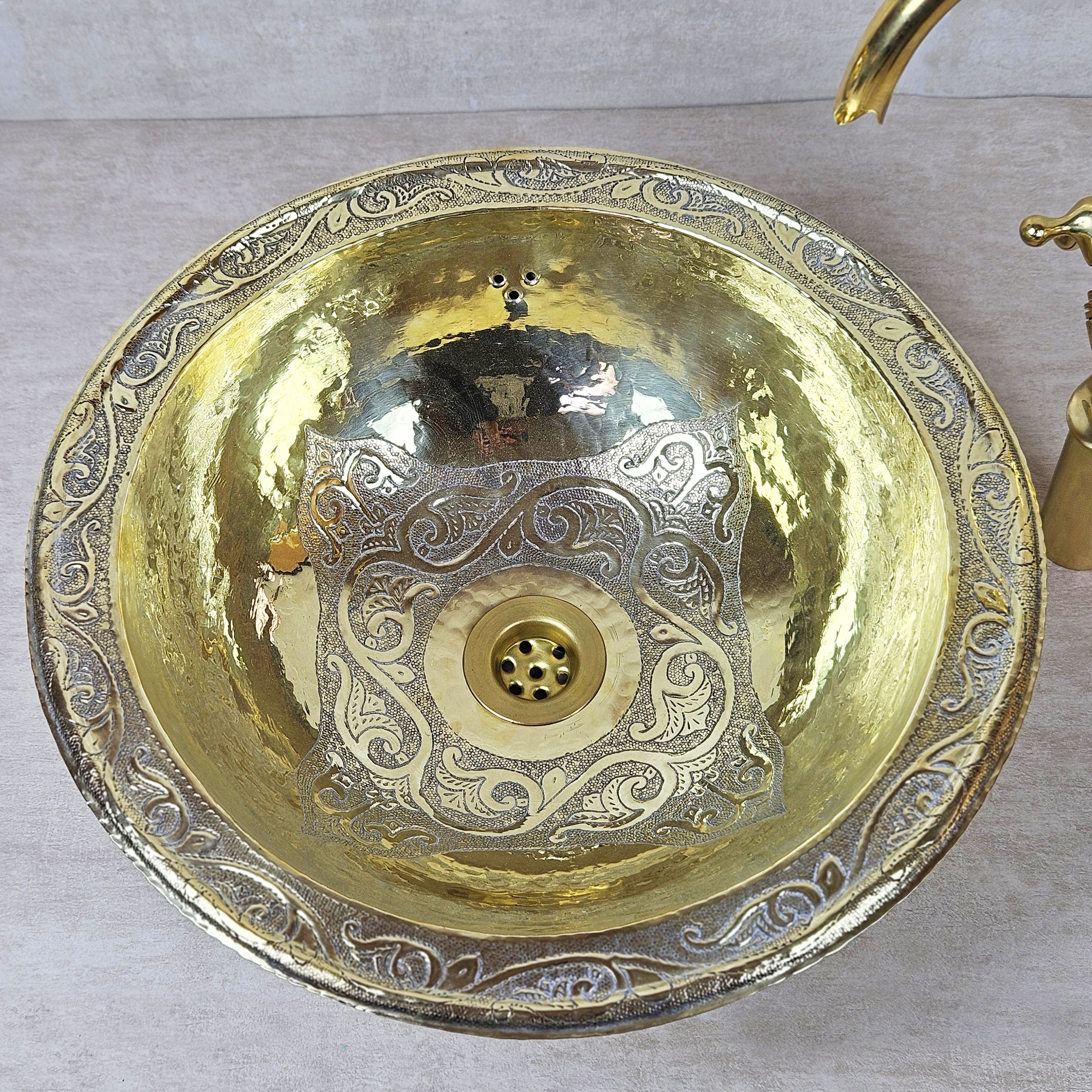 Engraved Round Brass Bathroom Sink – Handcrafted Drop in Basin