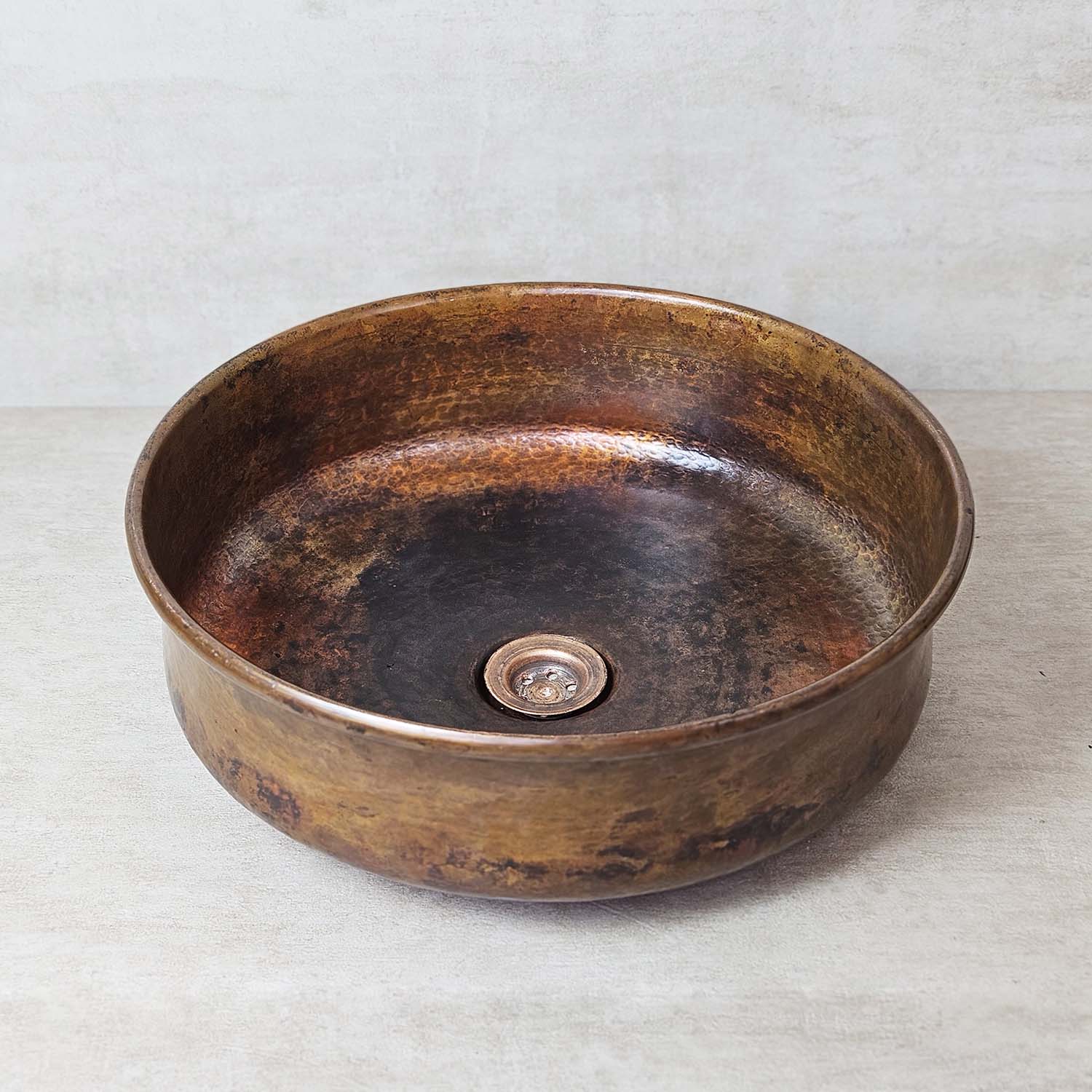 Rustic Patina Copper Bathroom Vessel Sink – Round Dark Copper Wash Basin