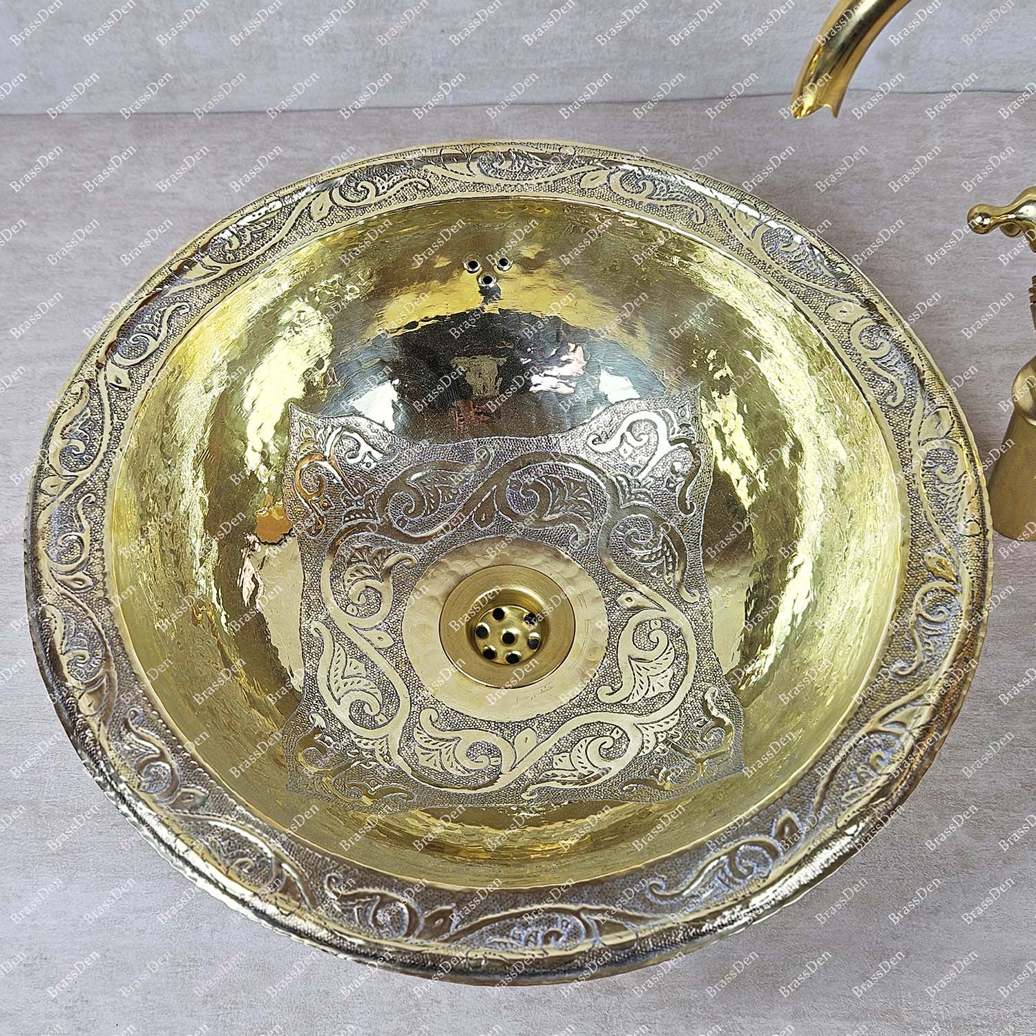 Hand Engraved Round Brass Bathroom Sink – Undermount Basin