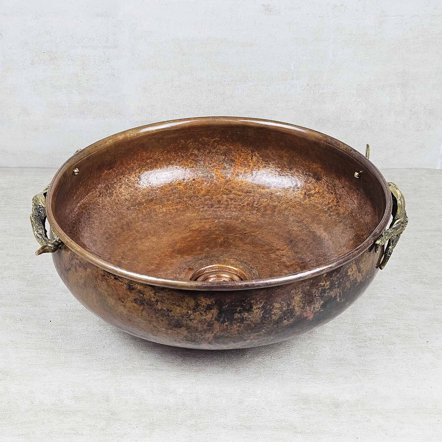 Rustic Copper Bathroom Vessel Sink – Round Patina Wash Basin with Brass Handles