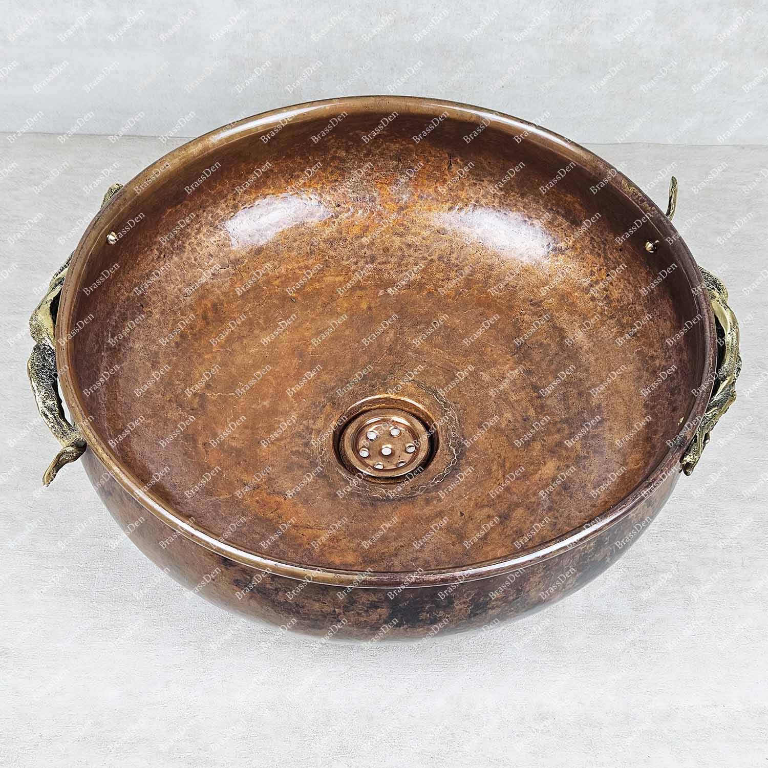 Rustic Copper Bathroom Vessel Sink – Round Patina Wash Basin with Brass Handles