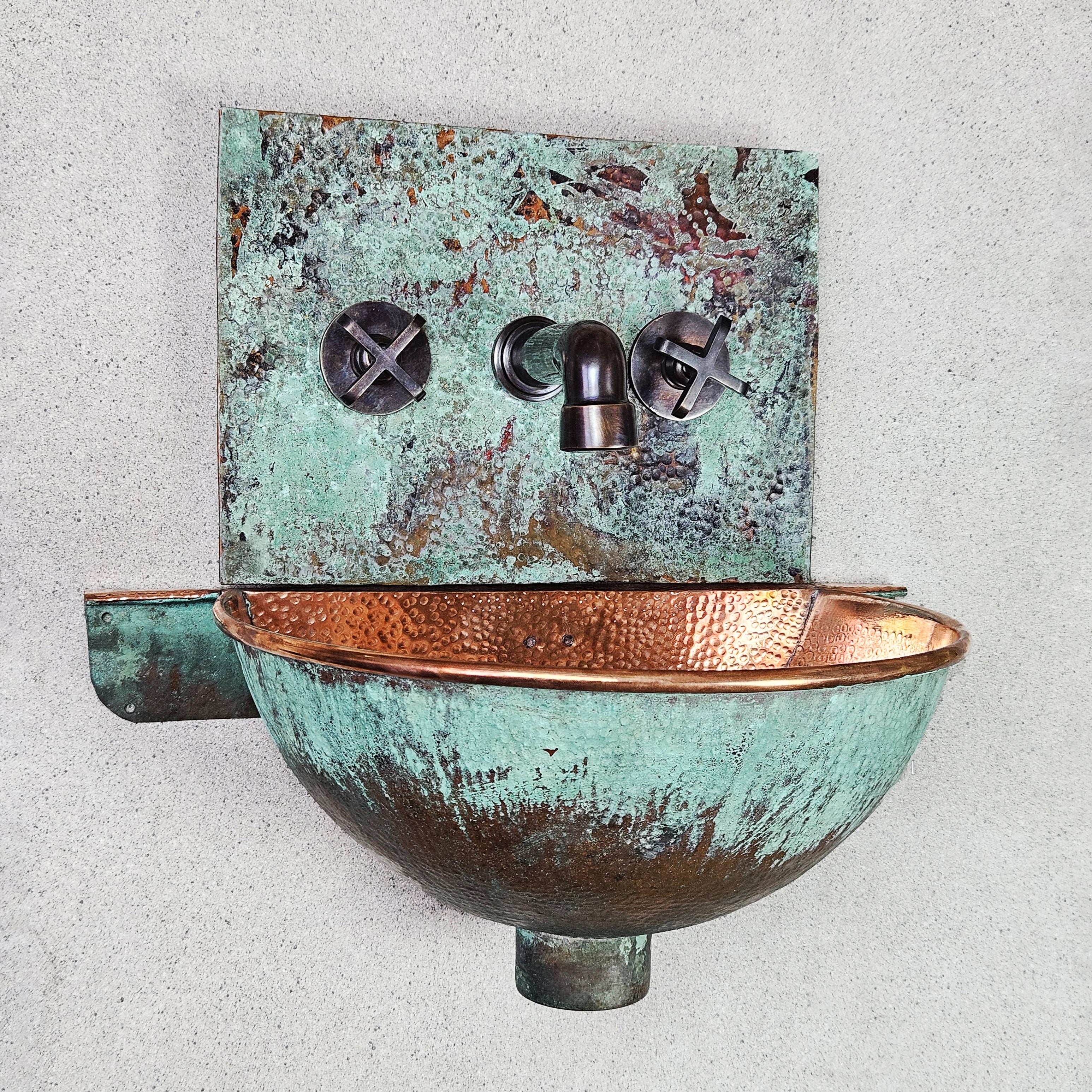 Green Patina Copper Wall Mount Bathroom Sink, Oxidized Wall Mounted Copper Wash Basin, Handmade Patina Copper Hung Basin With Copper Faucet