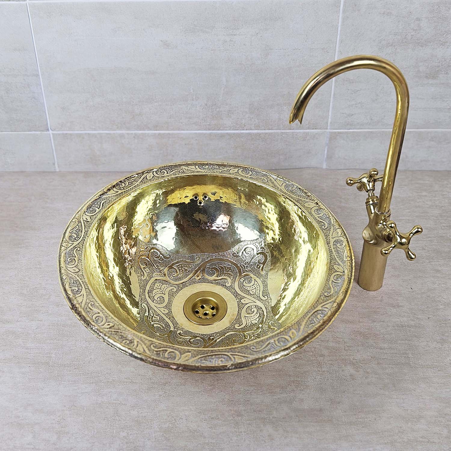Hand Engraved Round Brass Bathroom Sink – Undermount Basin
