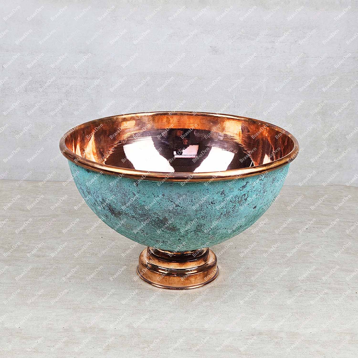 Green Patina Vessel Sink – Round Copper Sink with Polished Interior