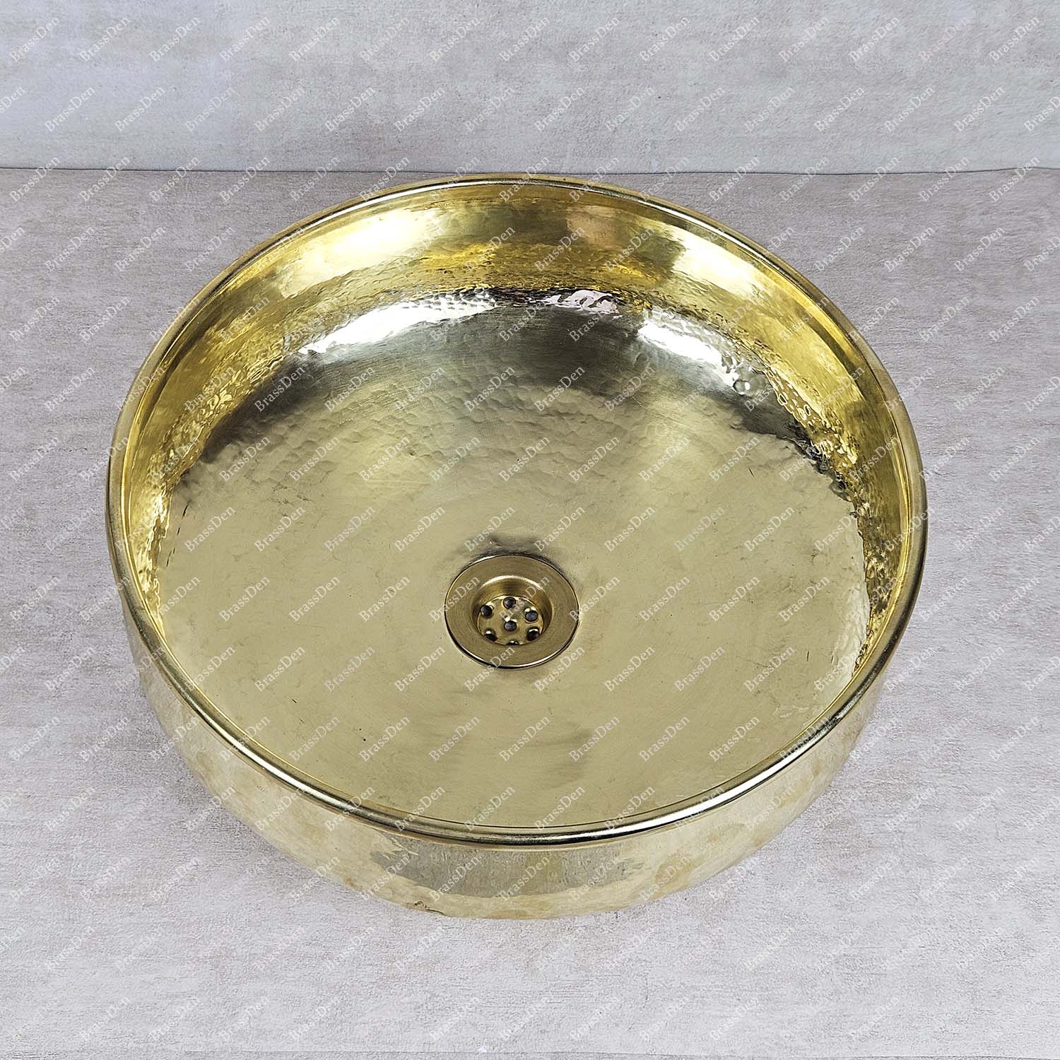 Unlacquered Round Brass Bathroom Sink – Handmade Hammered Vessel with Brass Drain
