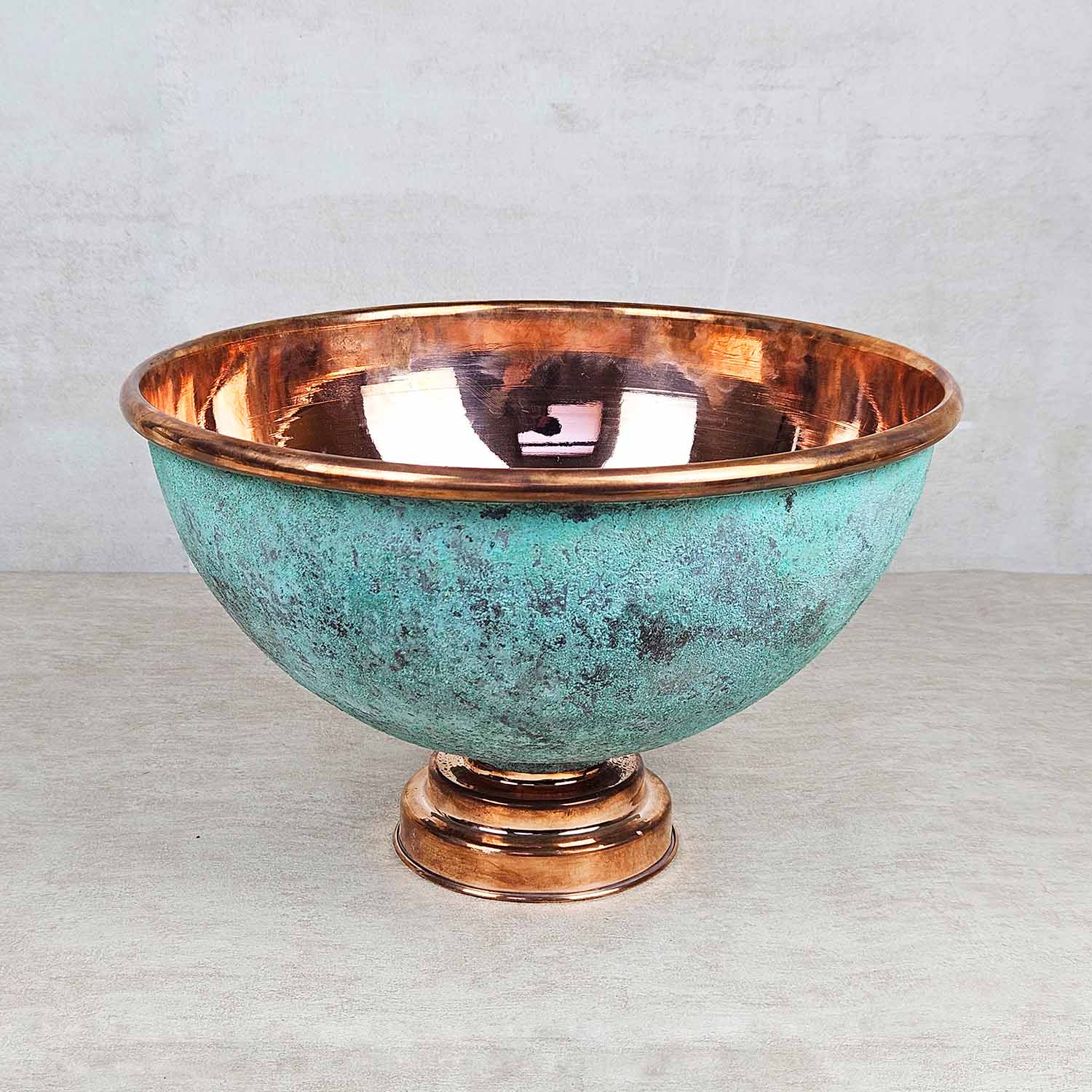 Green Patina Vessel Sink – Round Copper Sink with Polished Interior