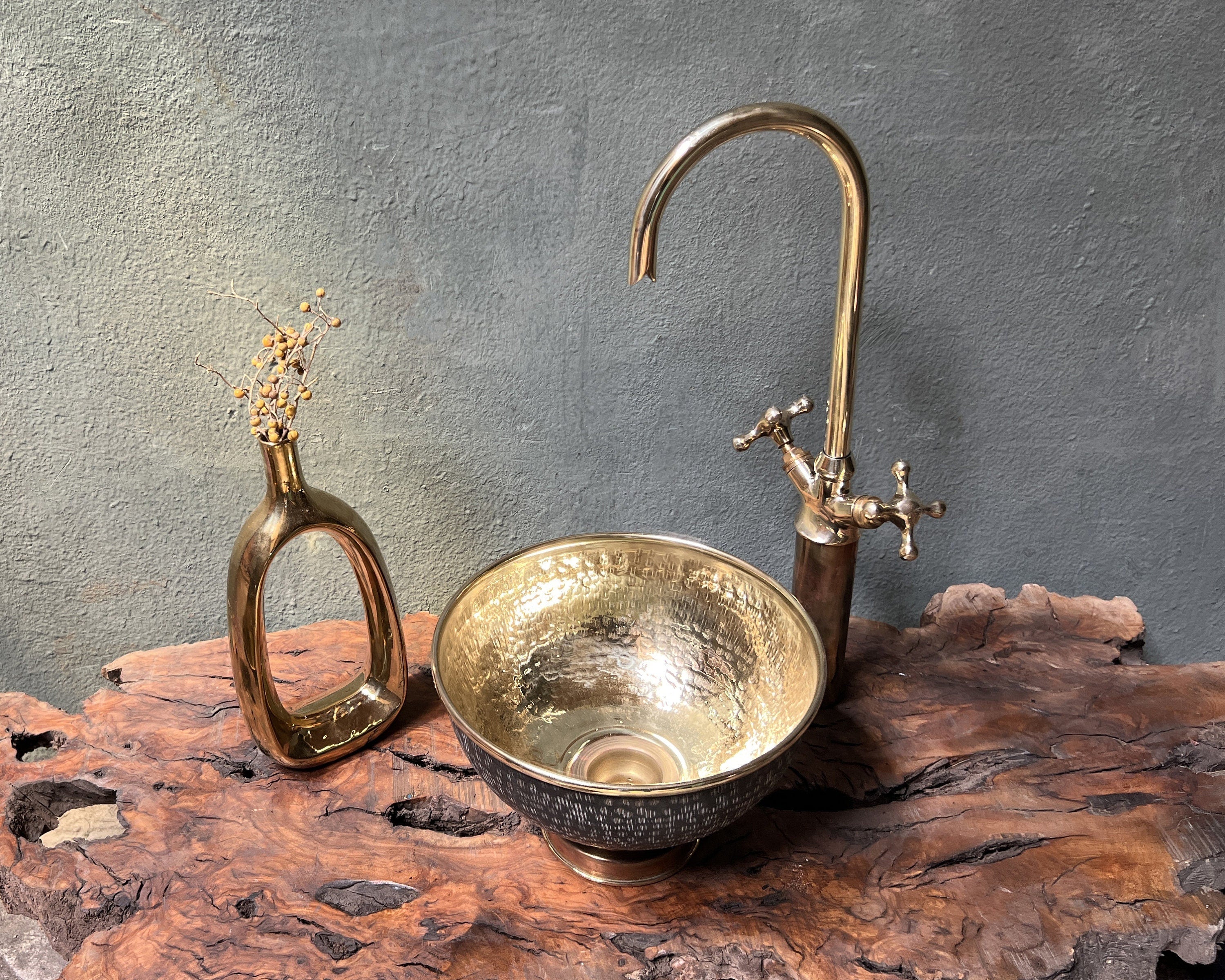 Hammered Brass Vessel Sink – Bathroom Vanity with Cross Handle Faucet