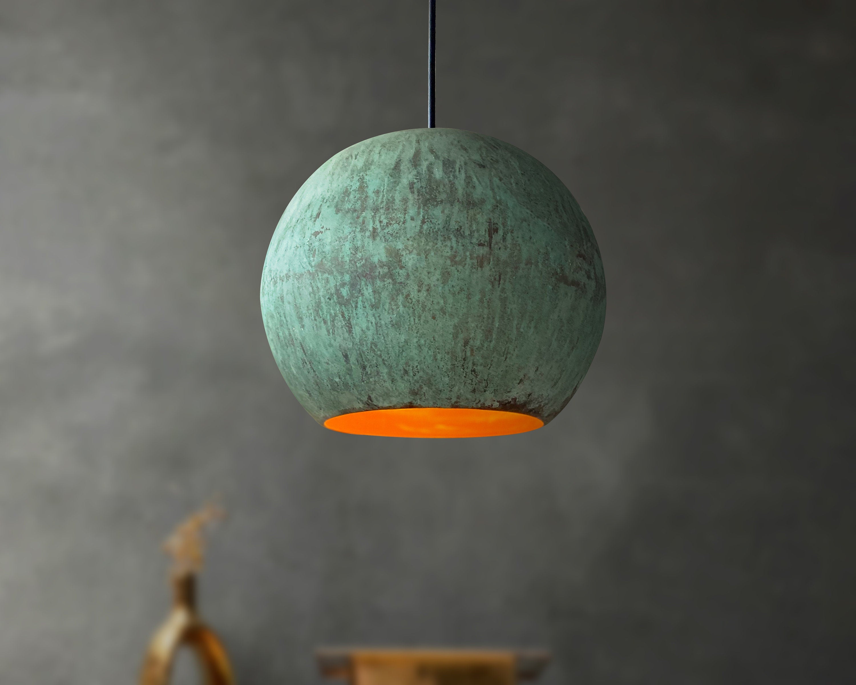 Oxidized Dome Ceiling Light, Vintage Copper Round Pendant Light, Green Patina Copper Hanging Light Fixture
