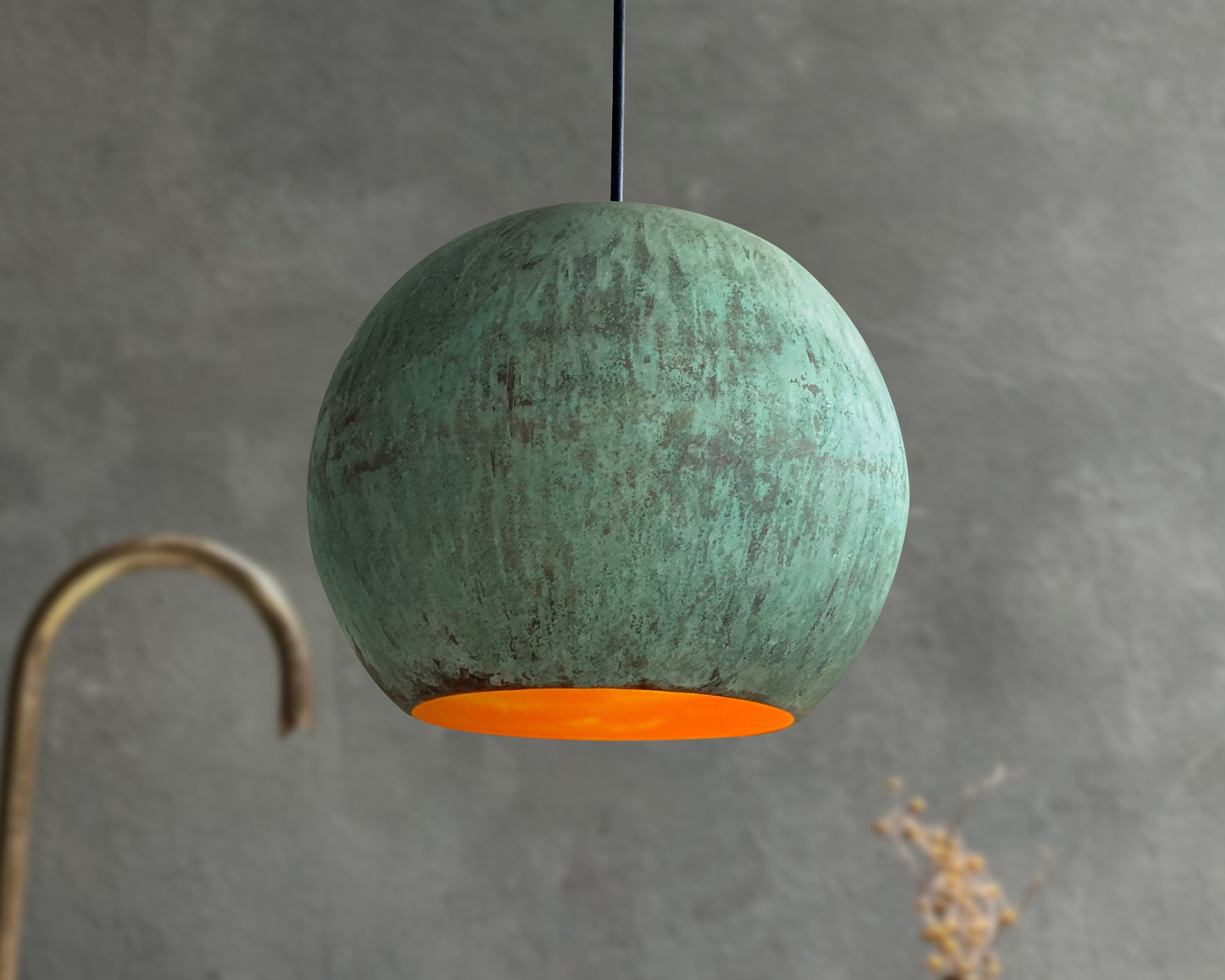 Oxidized Dome Ceiling Light, Vintage Copper Round Pendant Light, Green Patina Copper Hanging Light Fixture