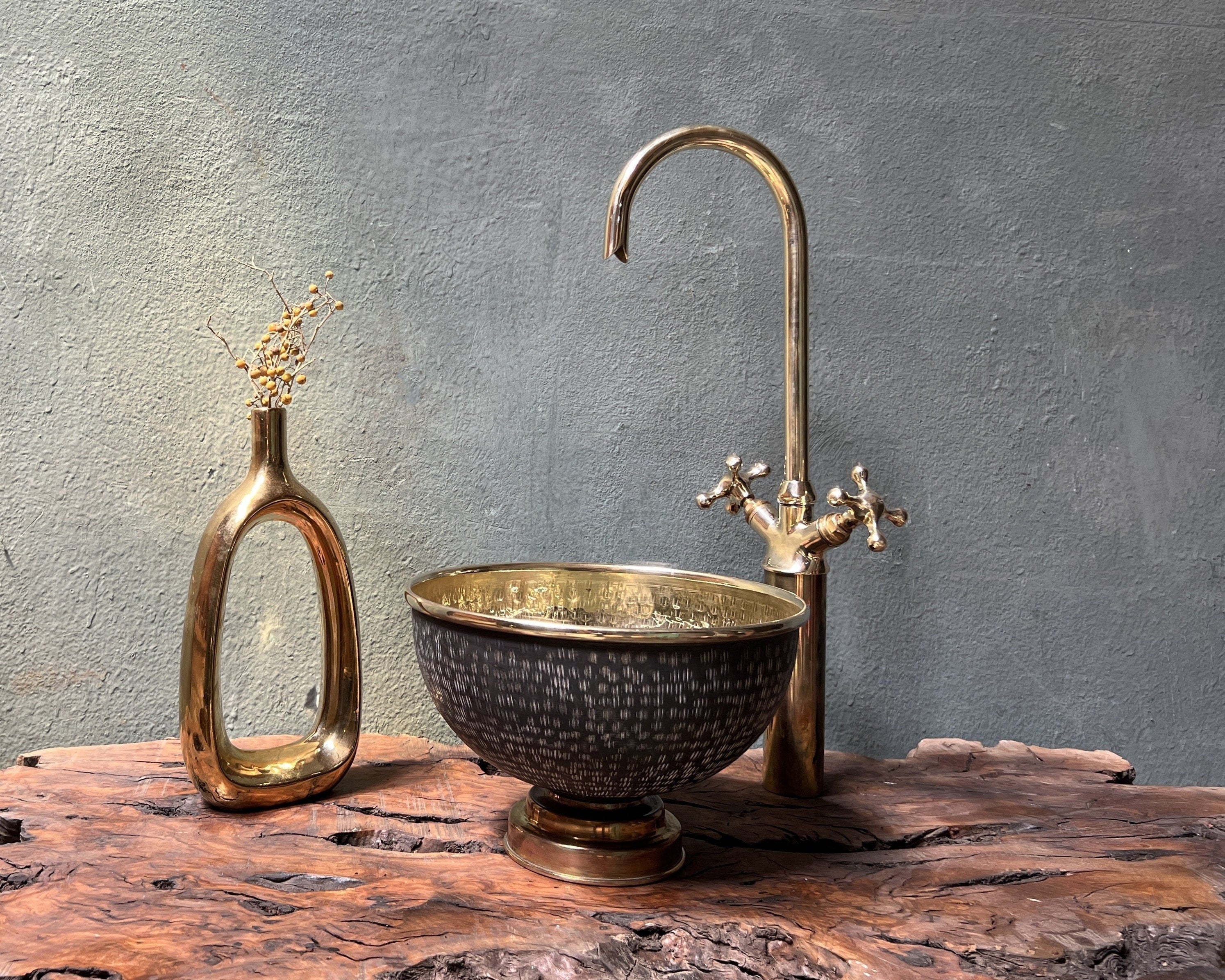 Hammered Brass Vessel Sink – Bathroom Vanity with Cross Handle Faucet