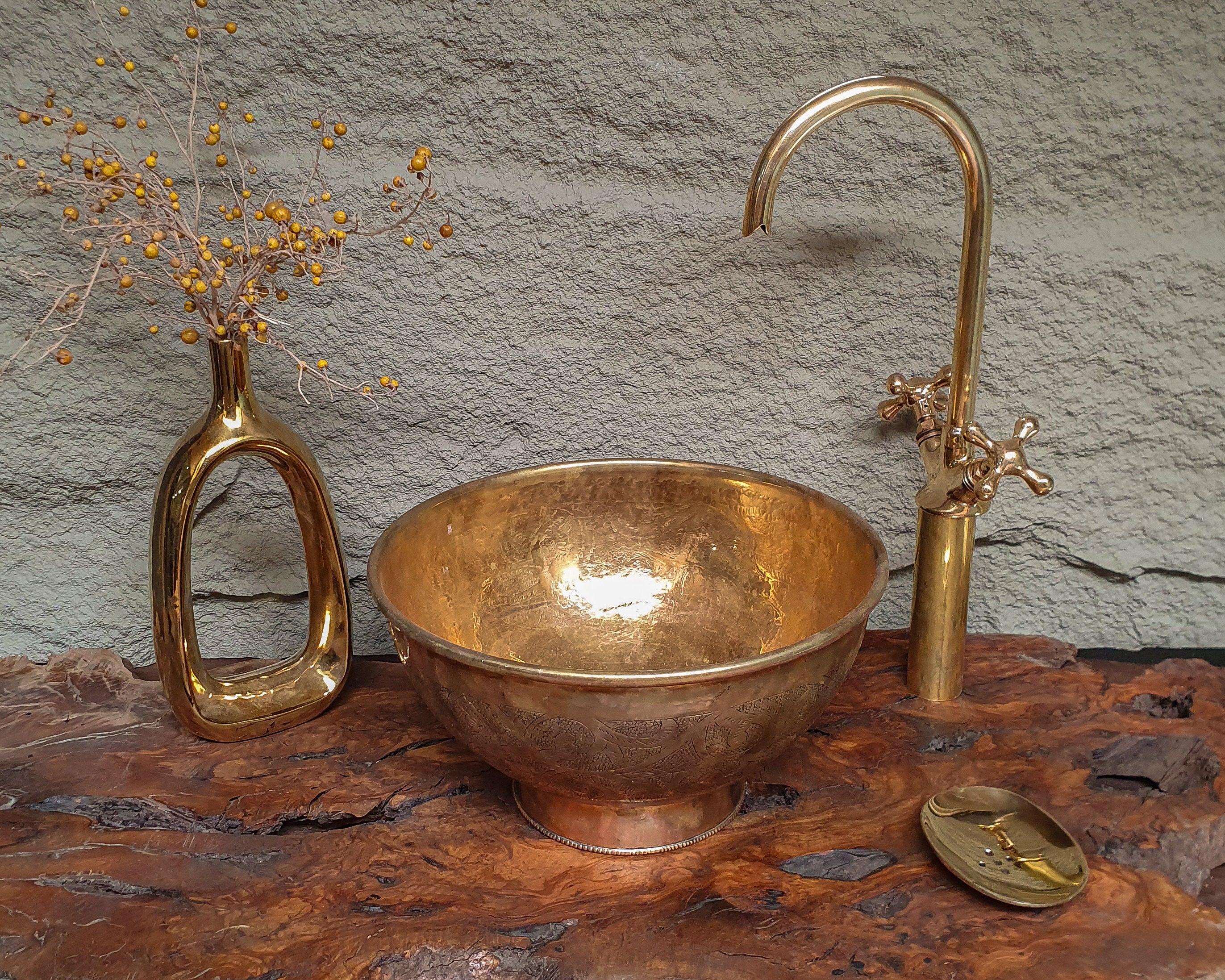 Engraved Brass Vessel Sink – Antique Round Bathroom Basin