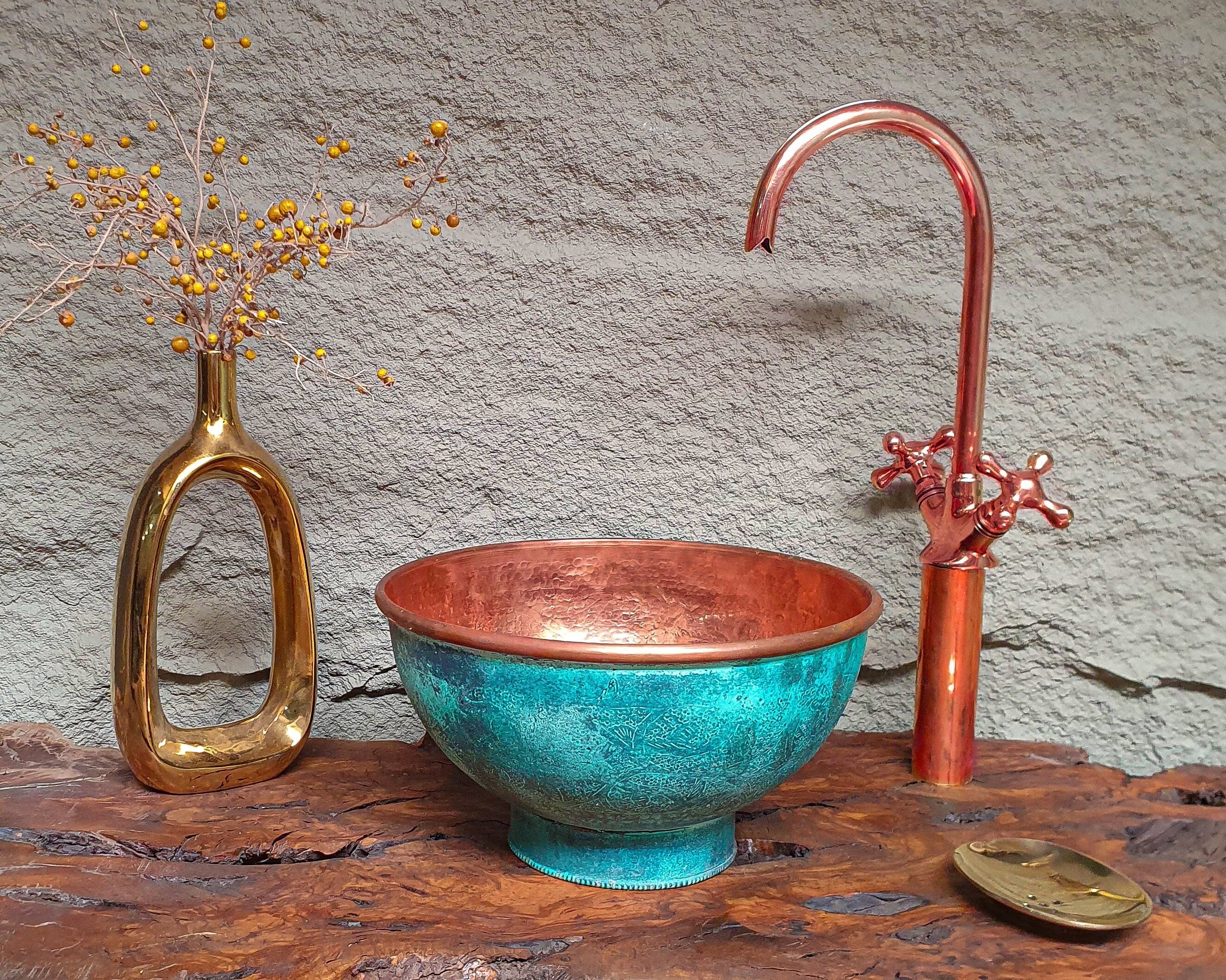 Engraved Oxidized Copper Bathroom Sink – Green Patina Vintage Washbasin