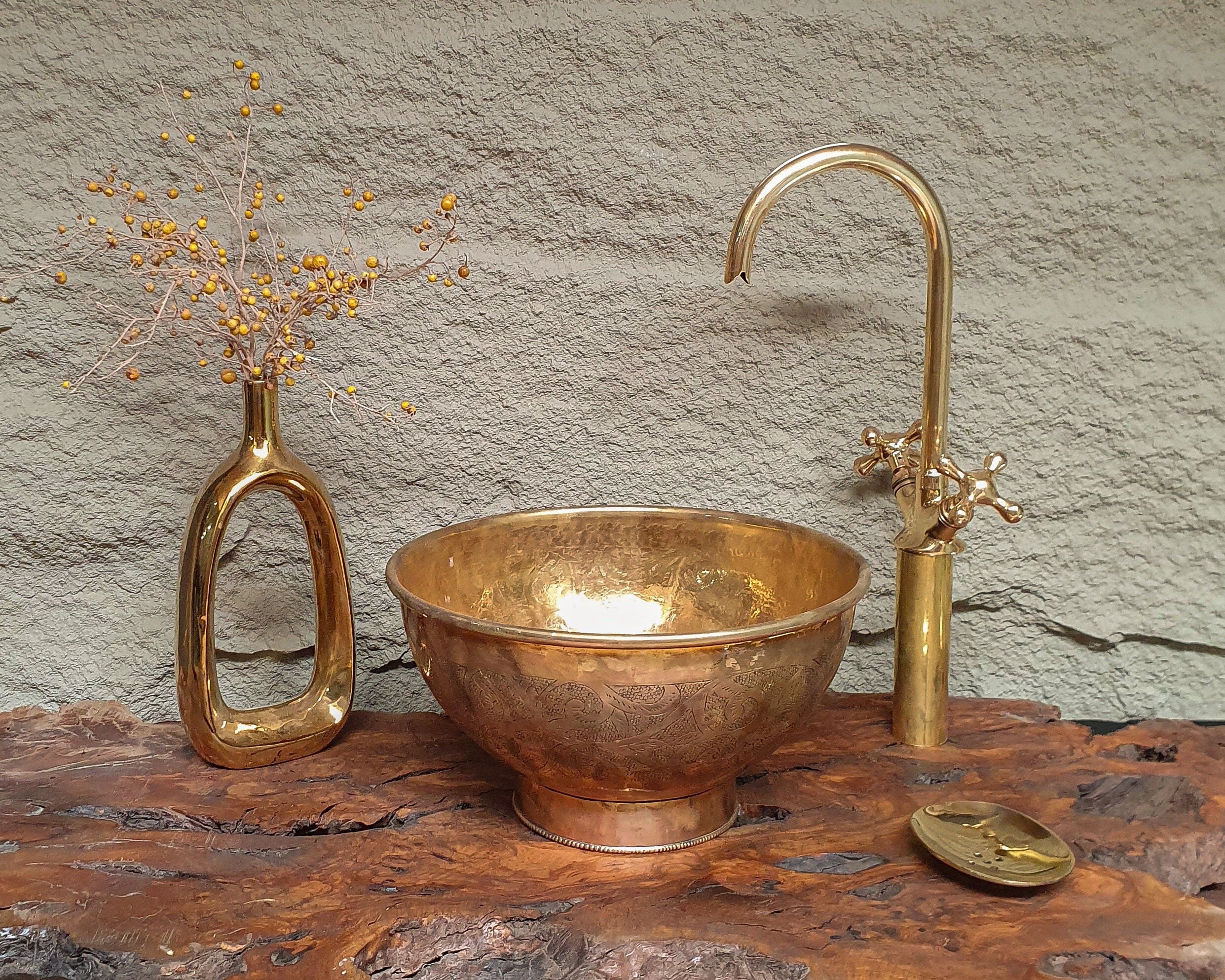 Engraved Brass Vessel Sink – Antique Round Bathroom Basin