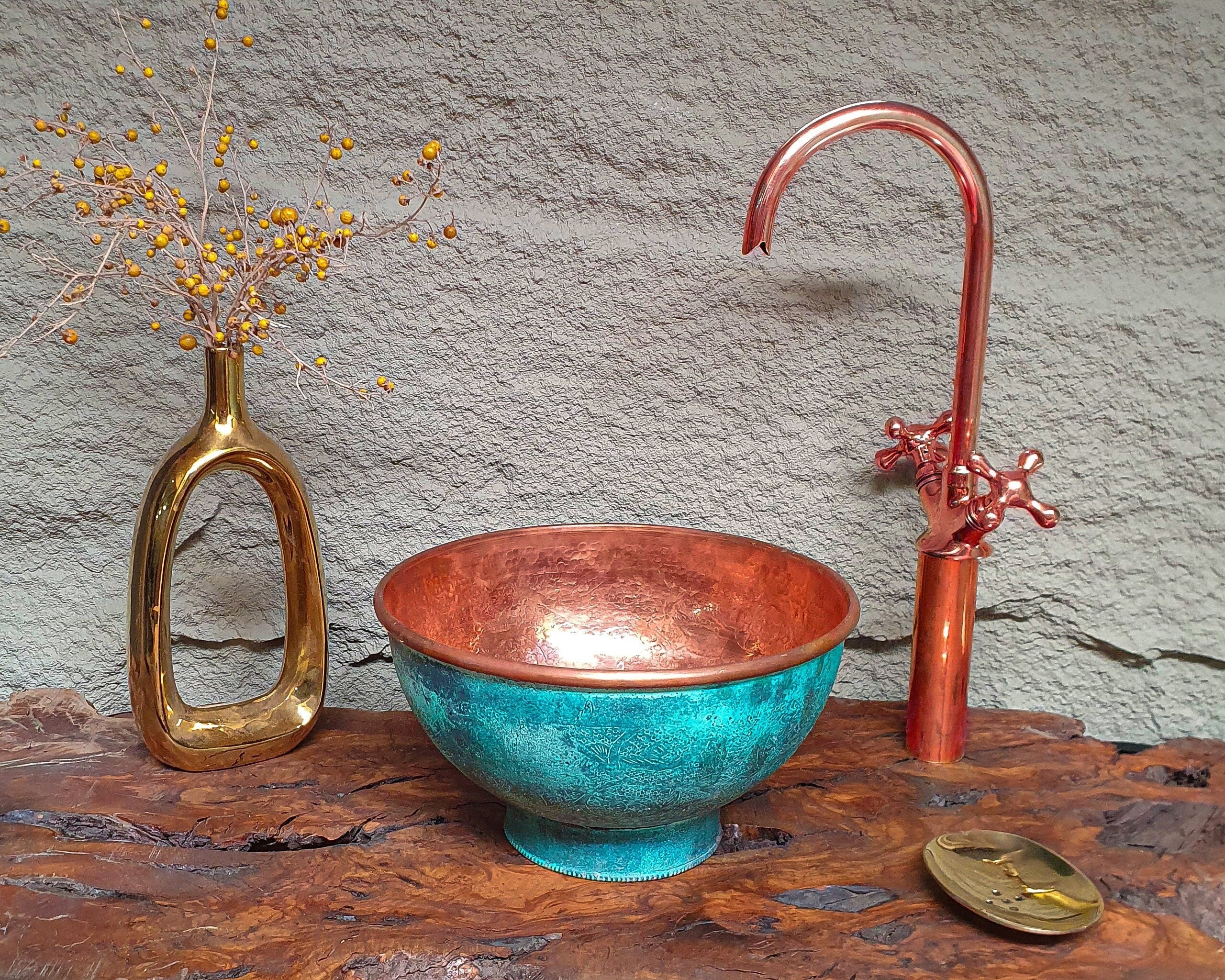 Engraved Oxidized Copper Bathroom Sink – Green Patina Vintage Washbasin