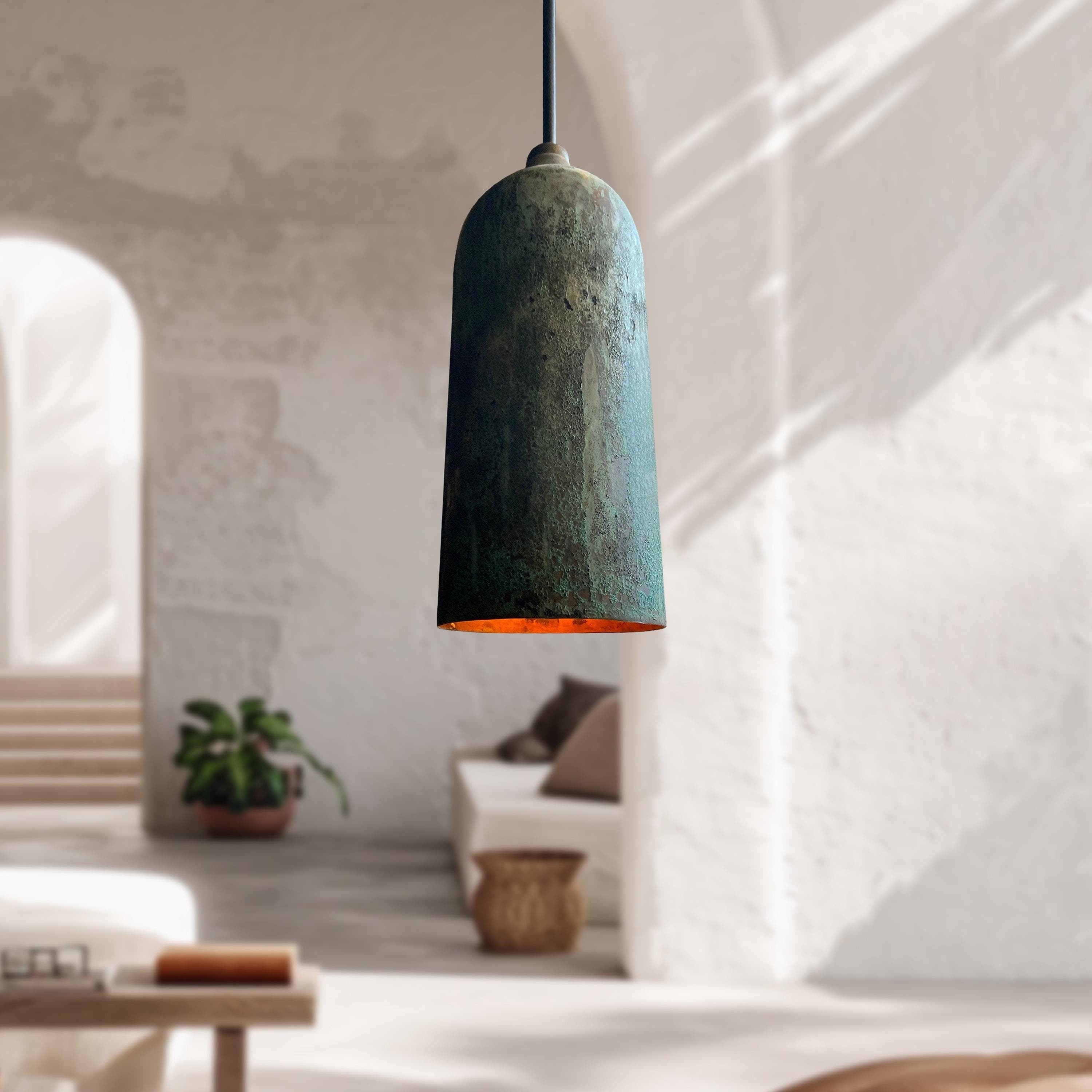 Green Patina Farmhouse Light – Oxidized Long Copper Pendant Ceiling Lamp
