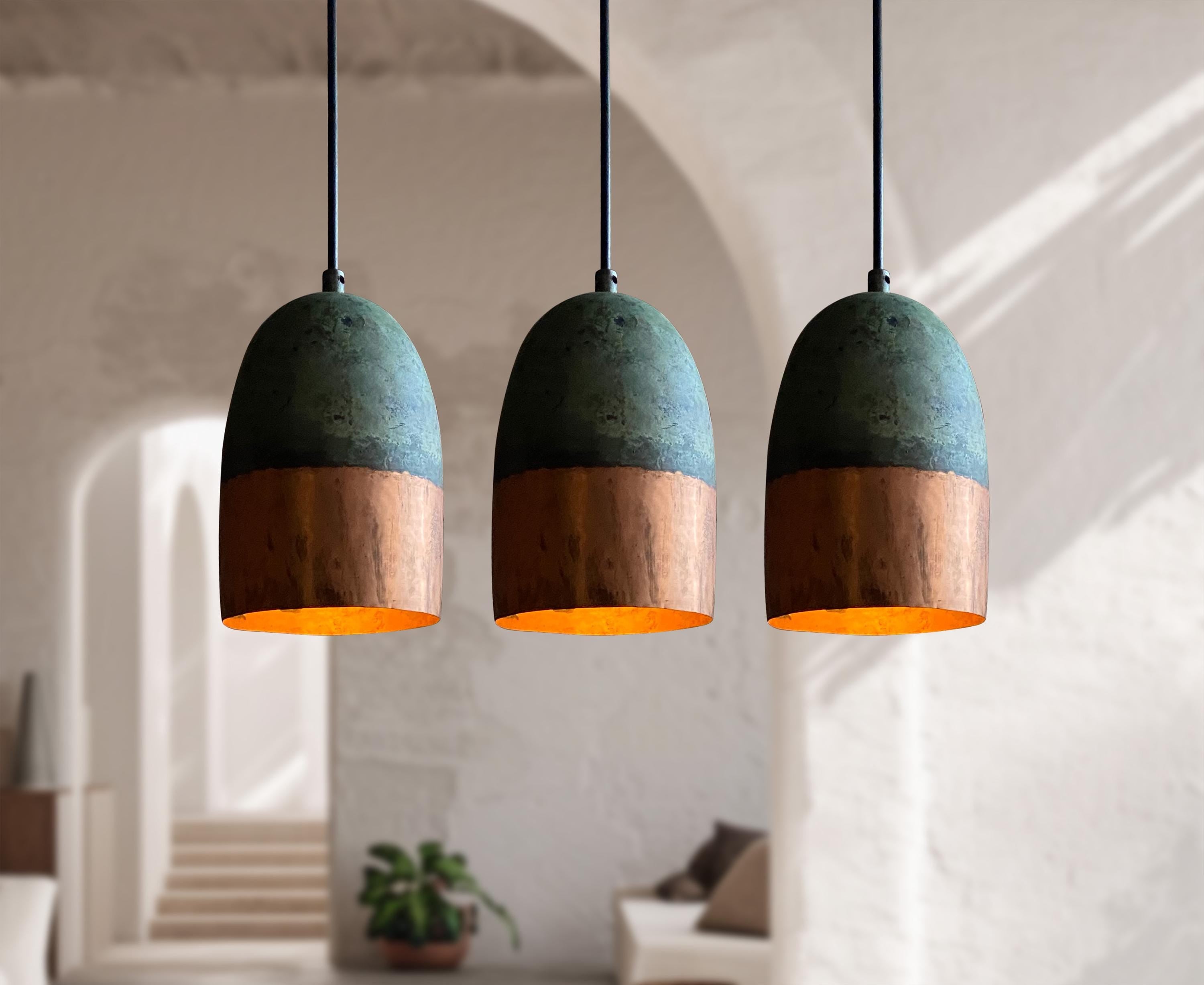 Set of 3 Oxidized Copper Pendant Lights – Green Patina Handmade Ceiling Fixtures