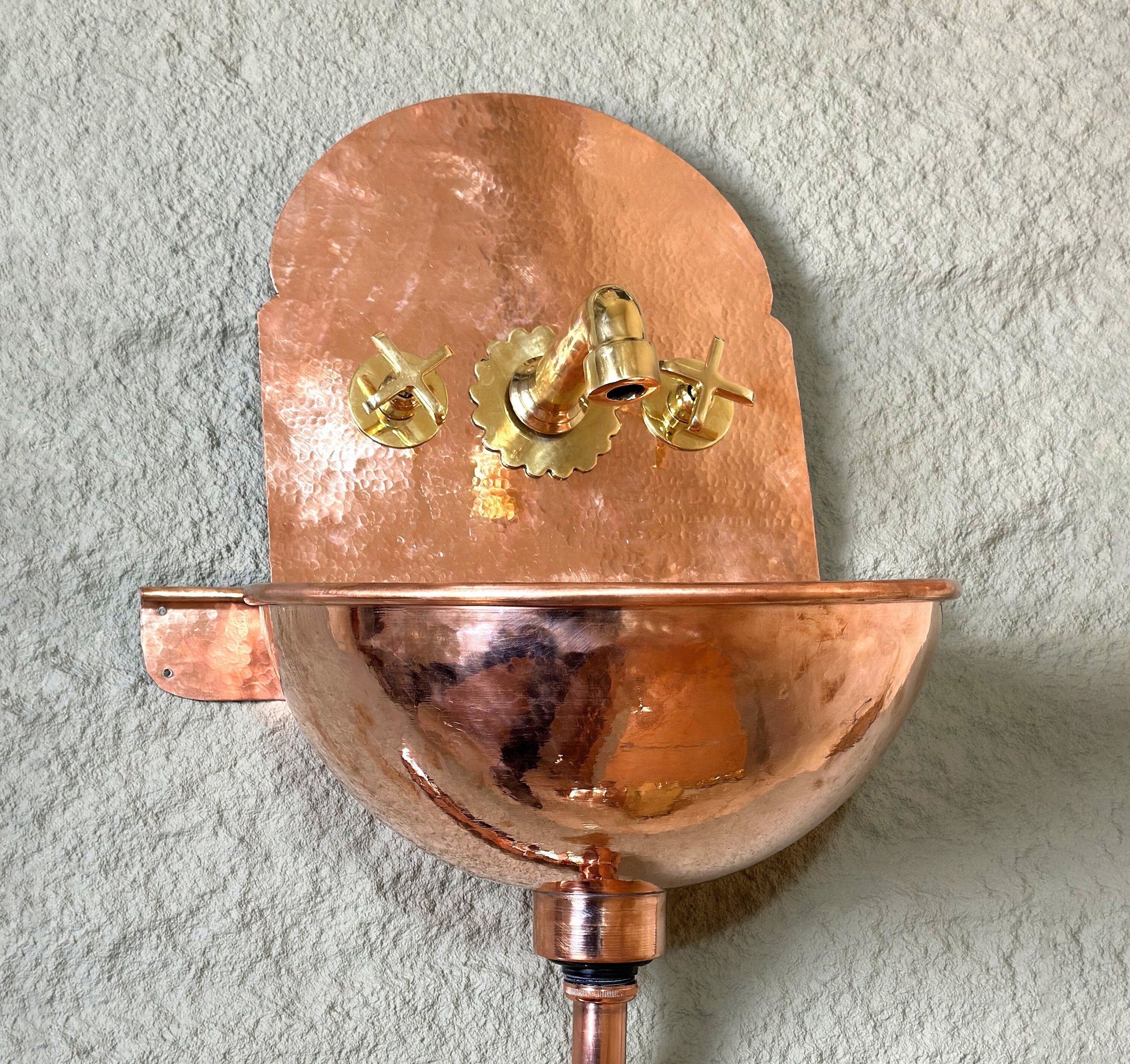 Copper Wall-Mount Bathroom Sink with Brass Mixer – Hammered Finish