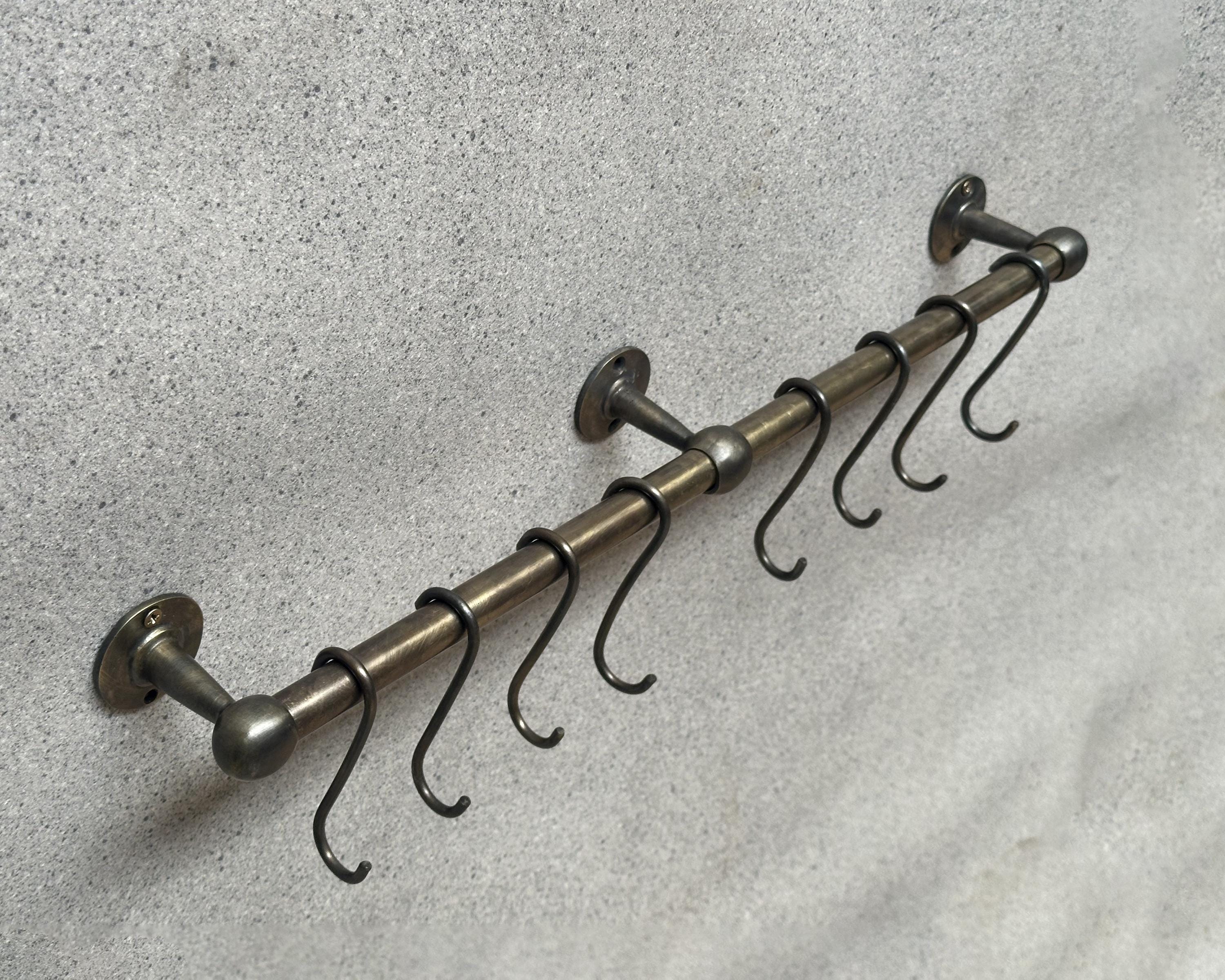 Oil Rubbed Bronze Pot Rail with Hooks – Wall-Mounted Brass Kitchen Organizer