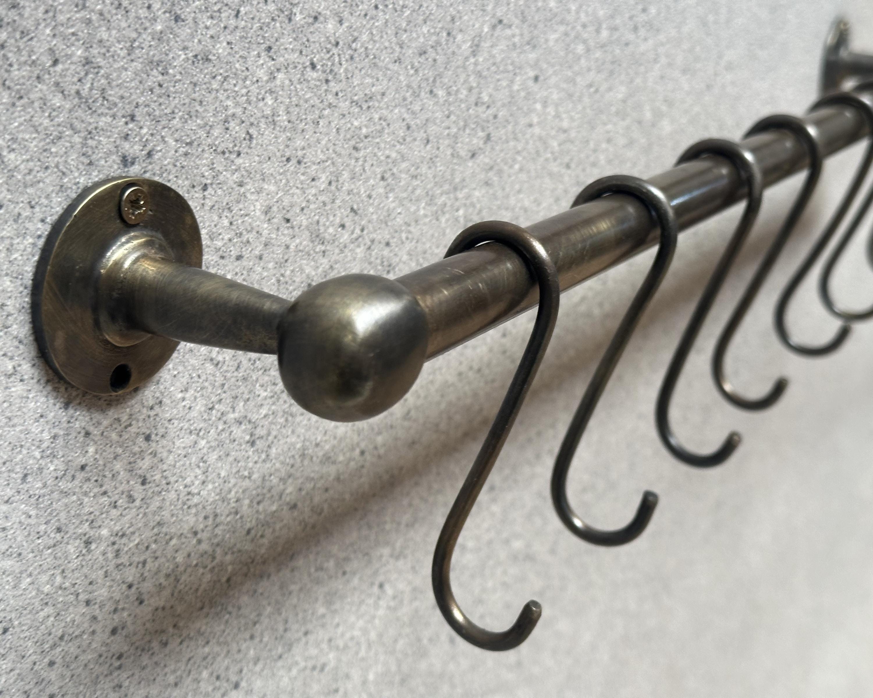 Solid Bronze Pot Rail with Hooks – Oil Rubbed Brass Wall-Mounted Kitchen Organizer