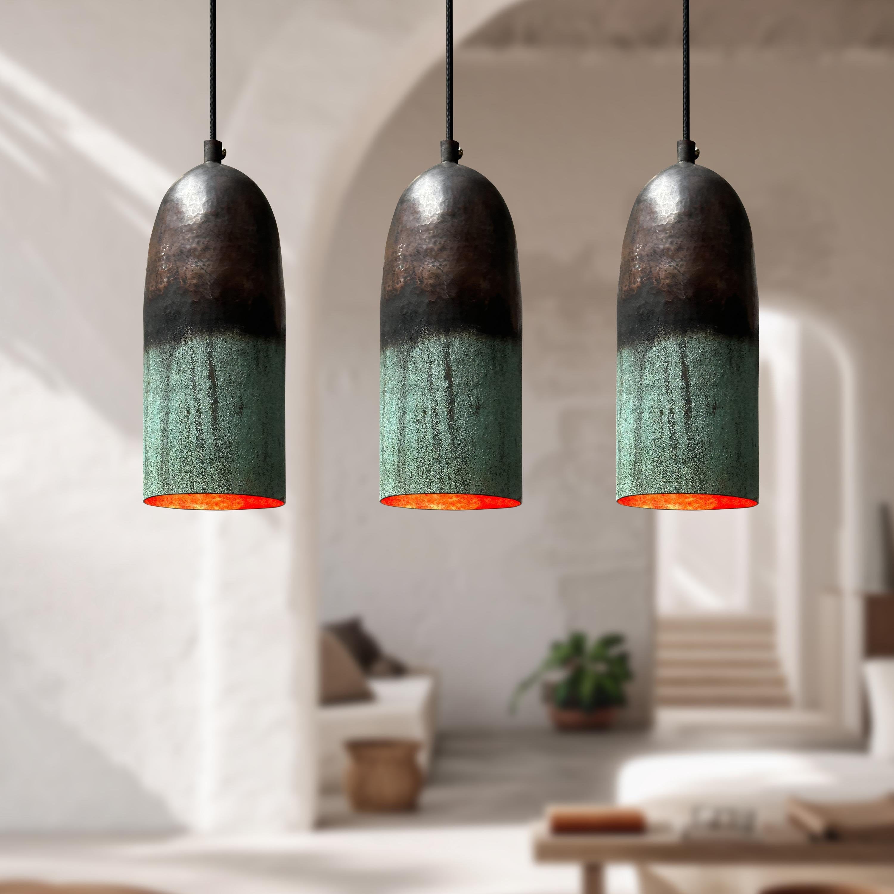 Set of 3 Oxidized Copper Pendant Lights – Green Patina Farmhouse Kitchen Island Lighting