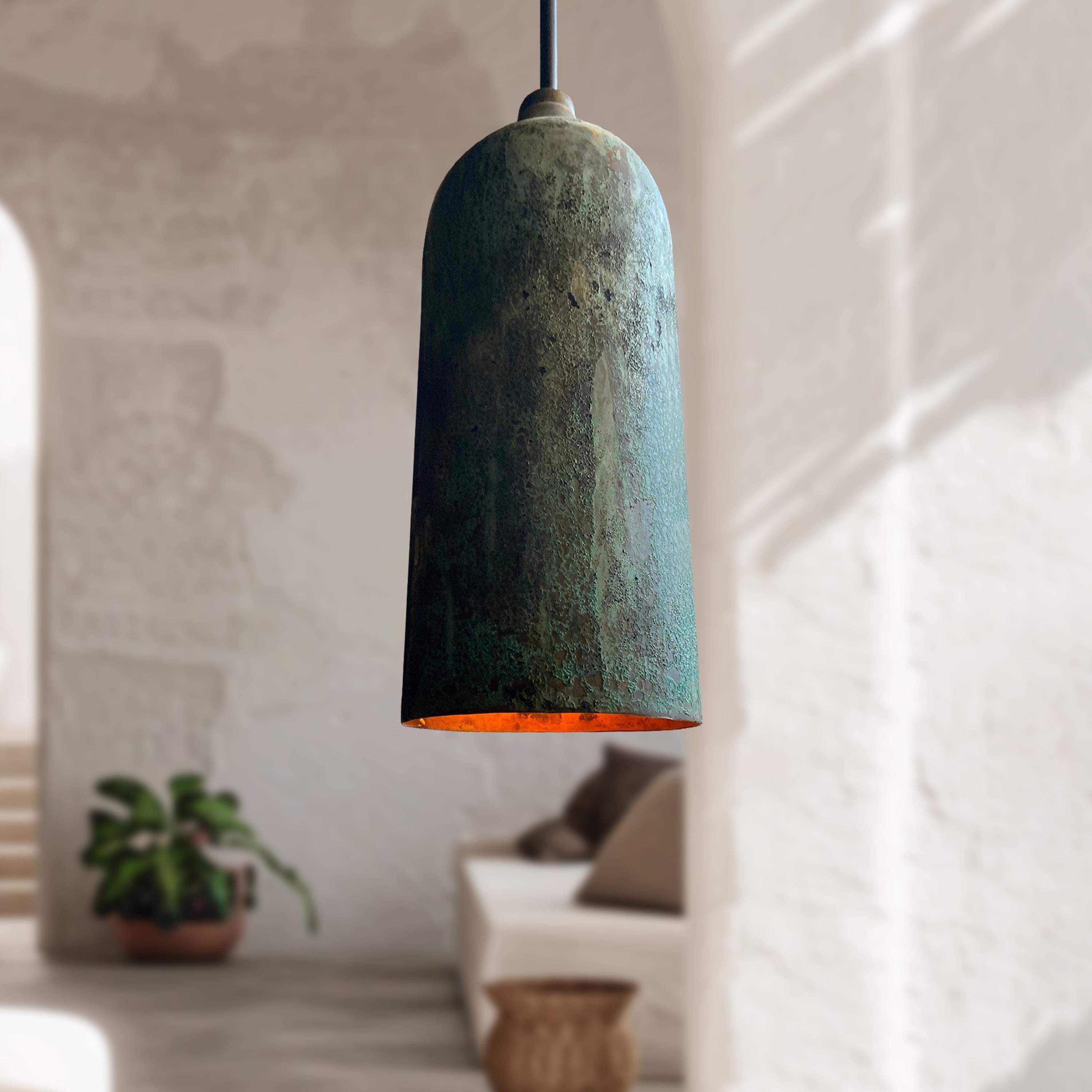 Green Patina Farmhouse Light – Oxidized Long Copper Pendant Ceiling Lamp