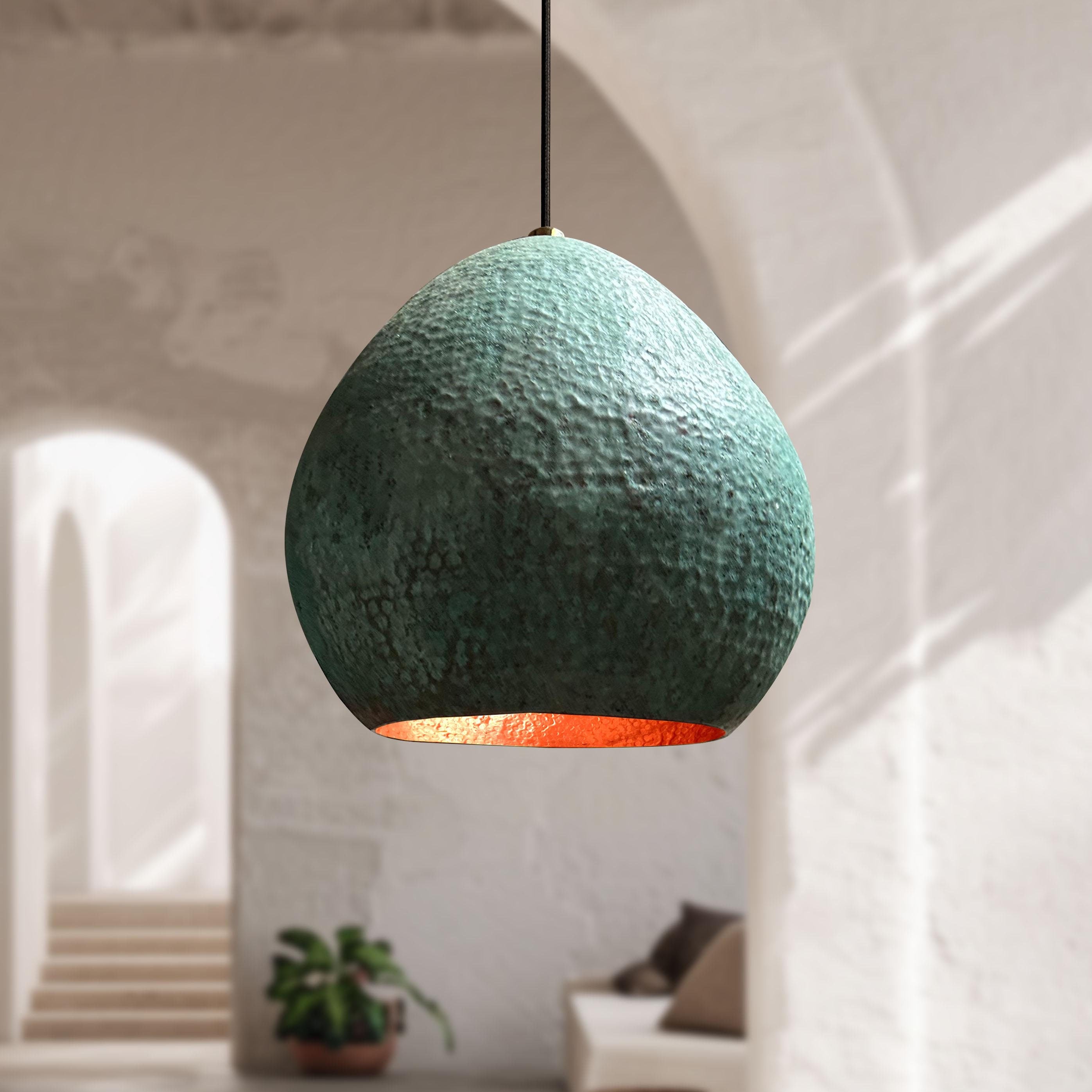 Hammered Verdigris Copper Pendant Light – Oxidized Kitchen Island Lighting
