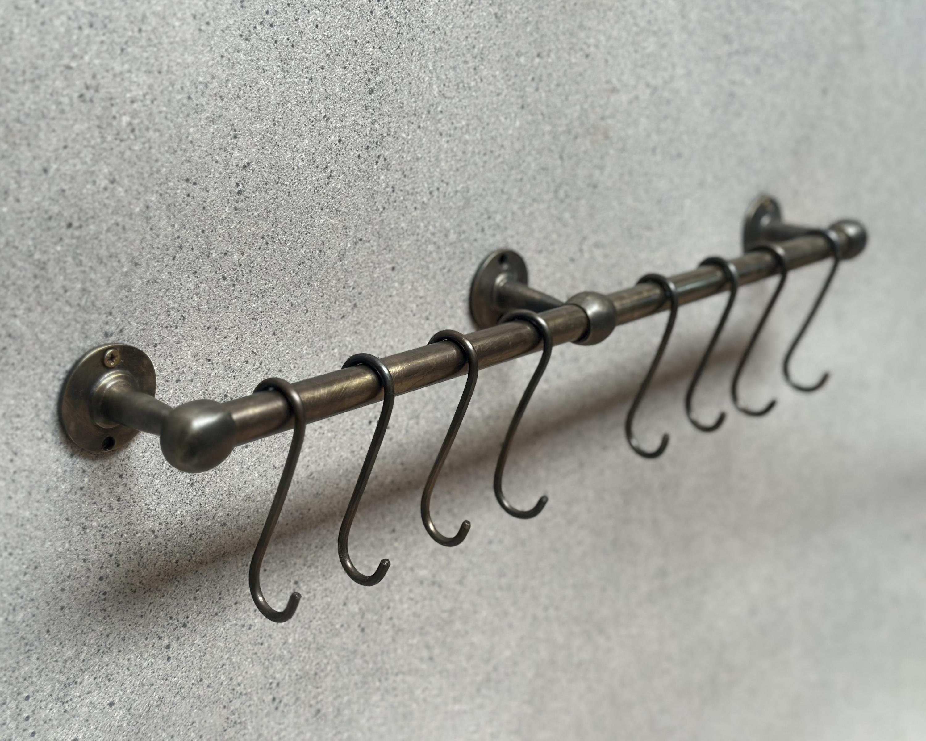 Oil Rubbed Bronze Pot Rail with Hooks – Wall-Mounted Brass Kitchen Organizer