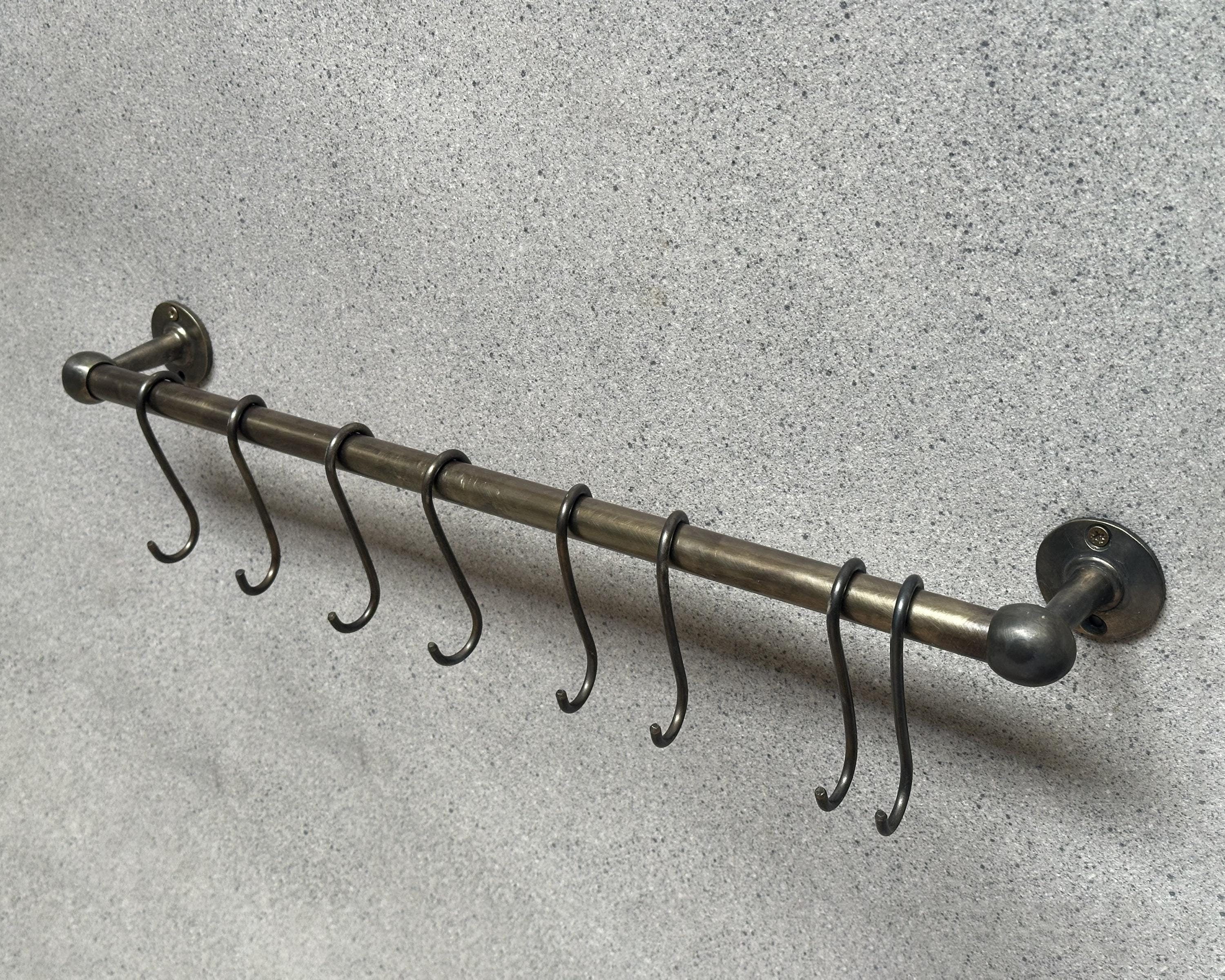 Solid Bronze Pot Rail with Hooks – Oil Rubbed Brass Wall-Mounted Kitchen Organizer