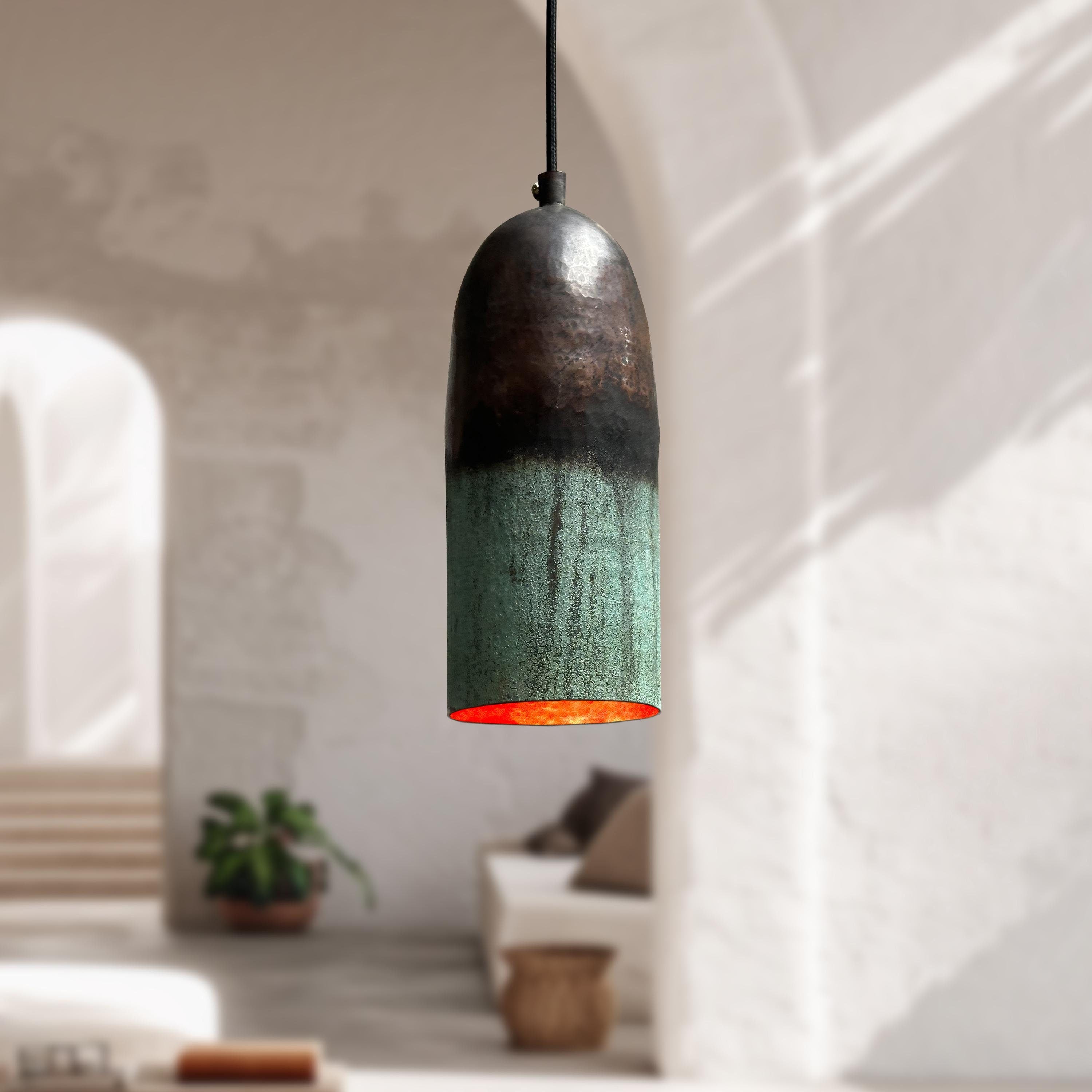 Handmade Oxidized Copper Pendant Light – Green Patina Farmhouse Ceiling Fixture
