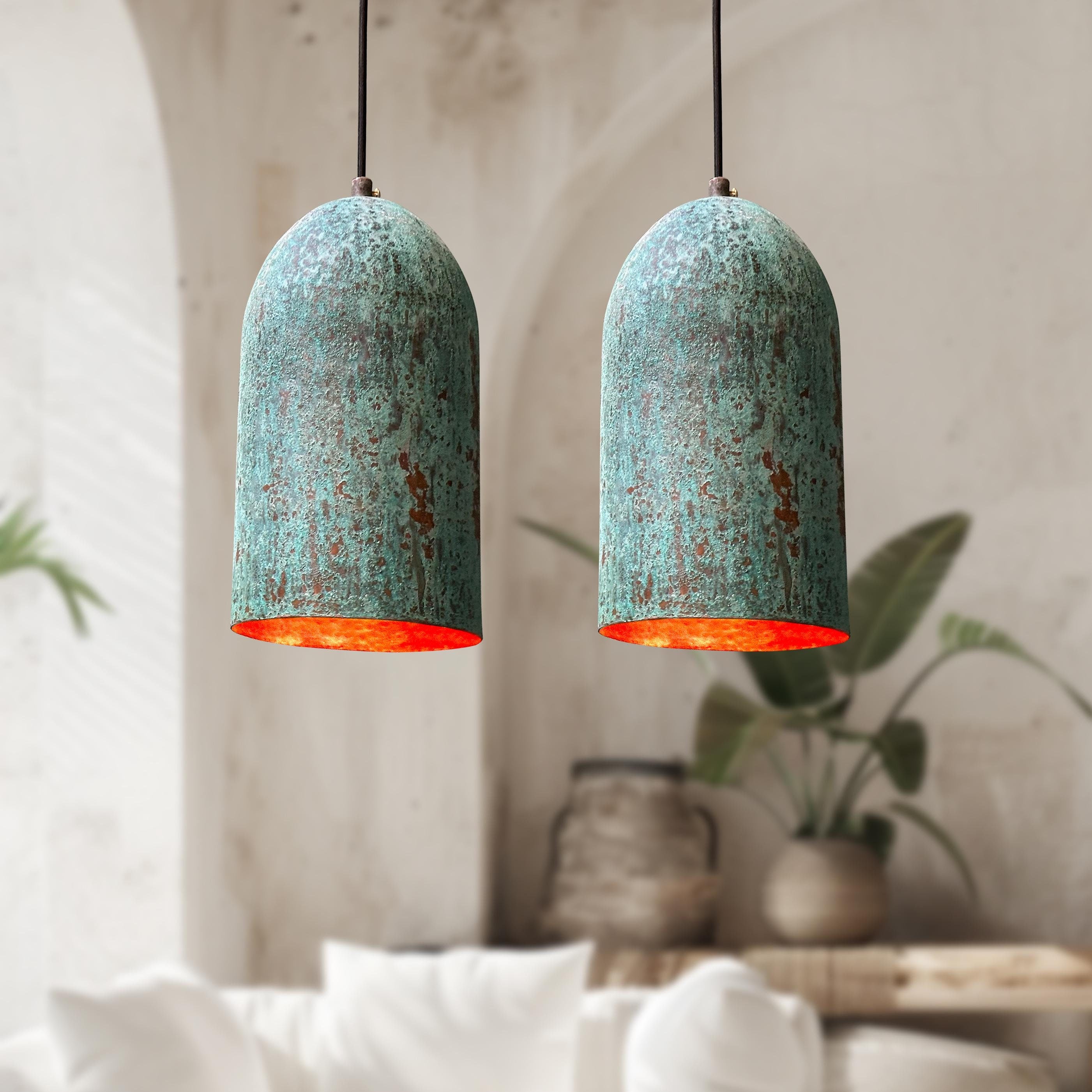 Set of 2 Green Patina Copper Farmhouse Kitchen Fixtures