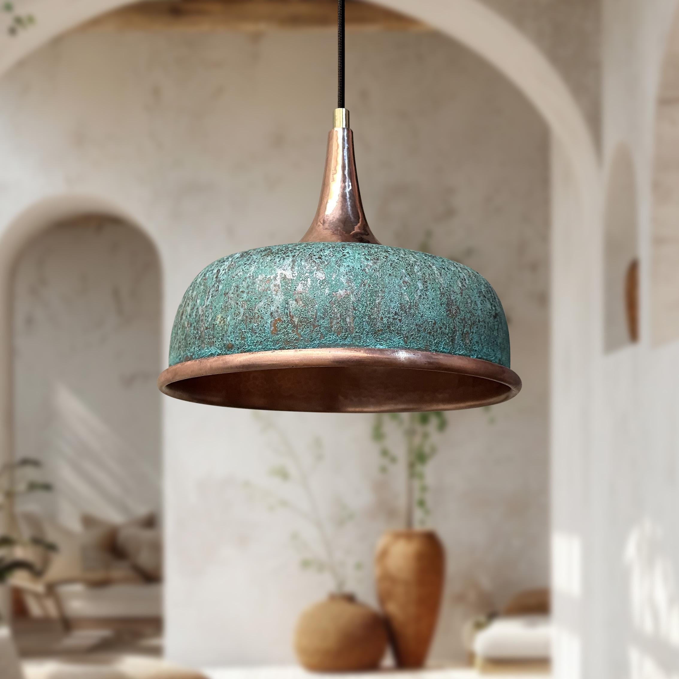 Green Patina Copper Pendant Light – Oxidized Hammered Verdigris Dome Fixture