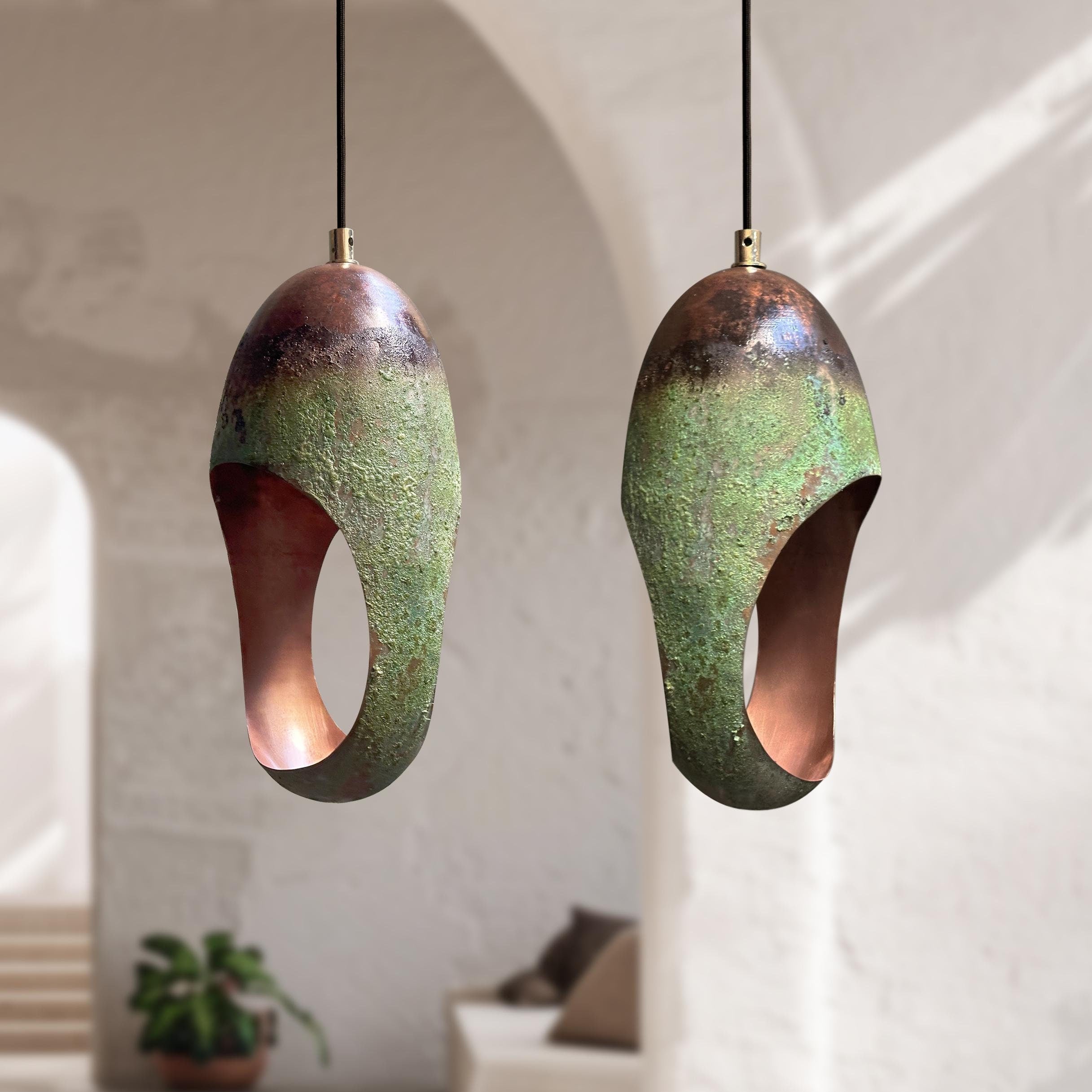 Set of 2 Handcrafted Green Patina Oval Copper Pendant Lights