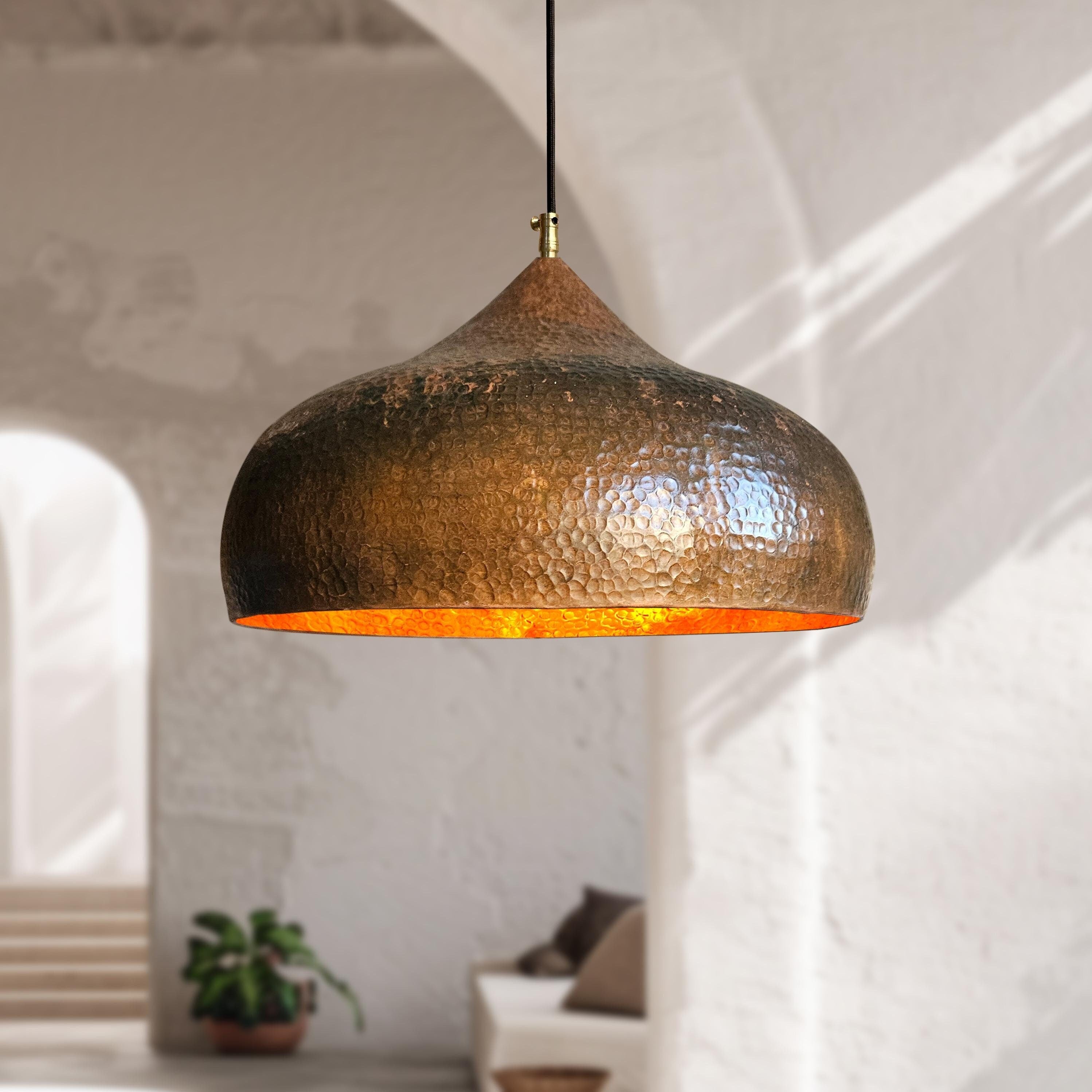 Patina Hammered Copper Pendant Light – Dome Kitchen Hanging Fixture