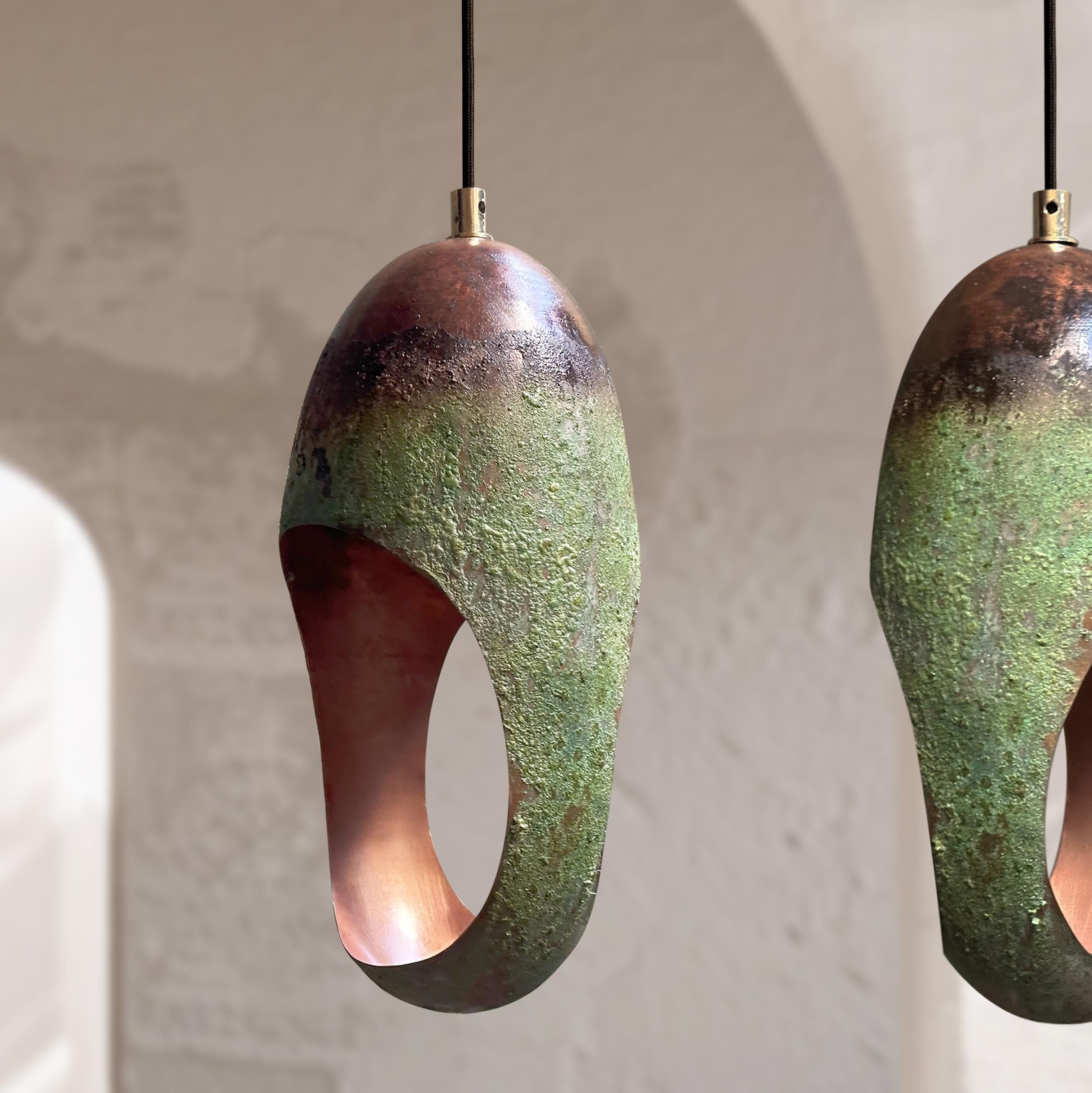 Set of 2 Handcrafted Green Patina Oval Copper Pendant Lights