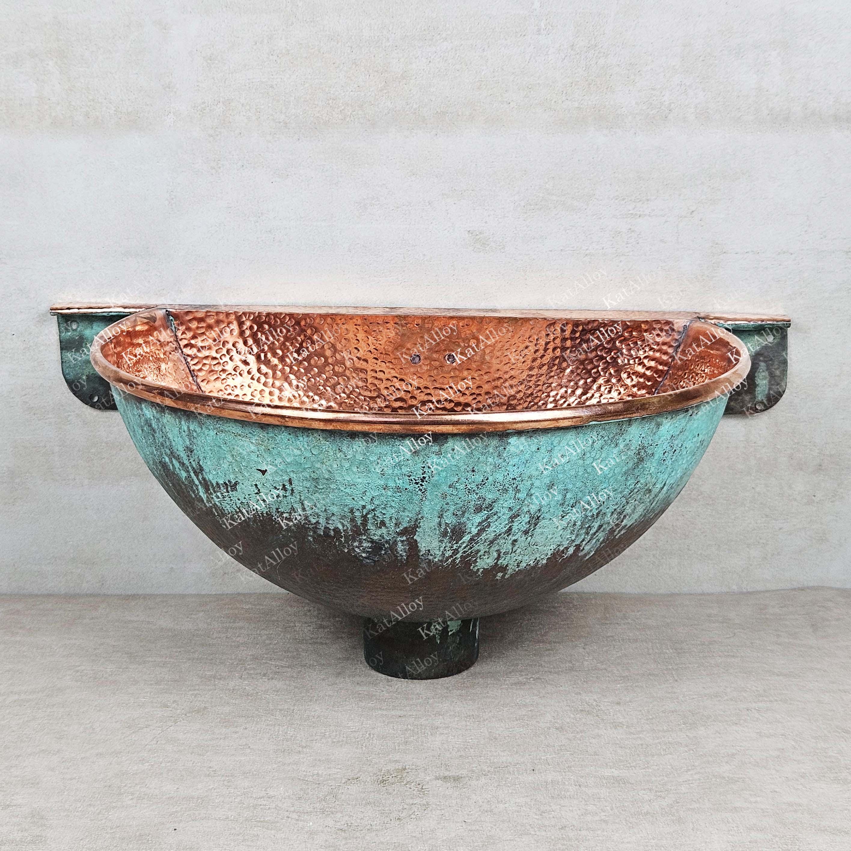 Oxidized Copper Wall-Mount Sink – Handmade Green Patina Hung Basin