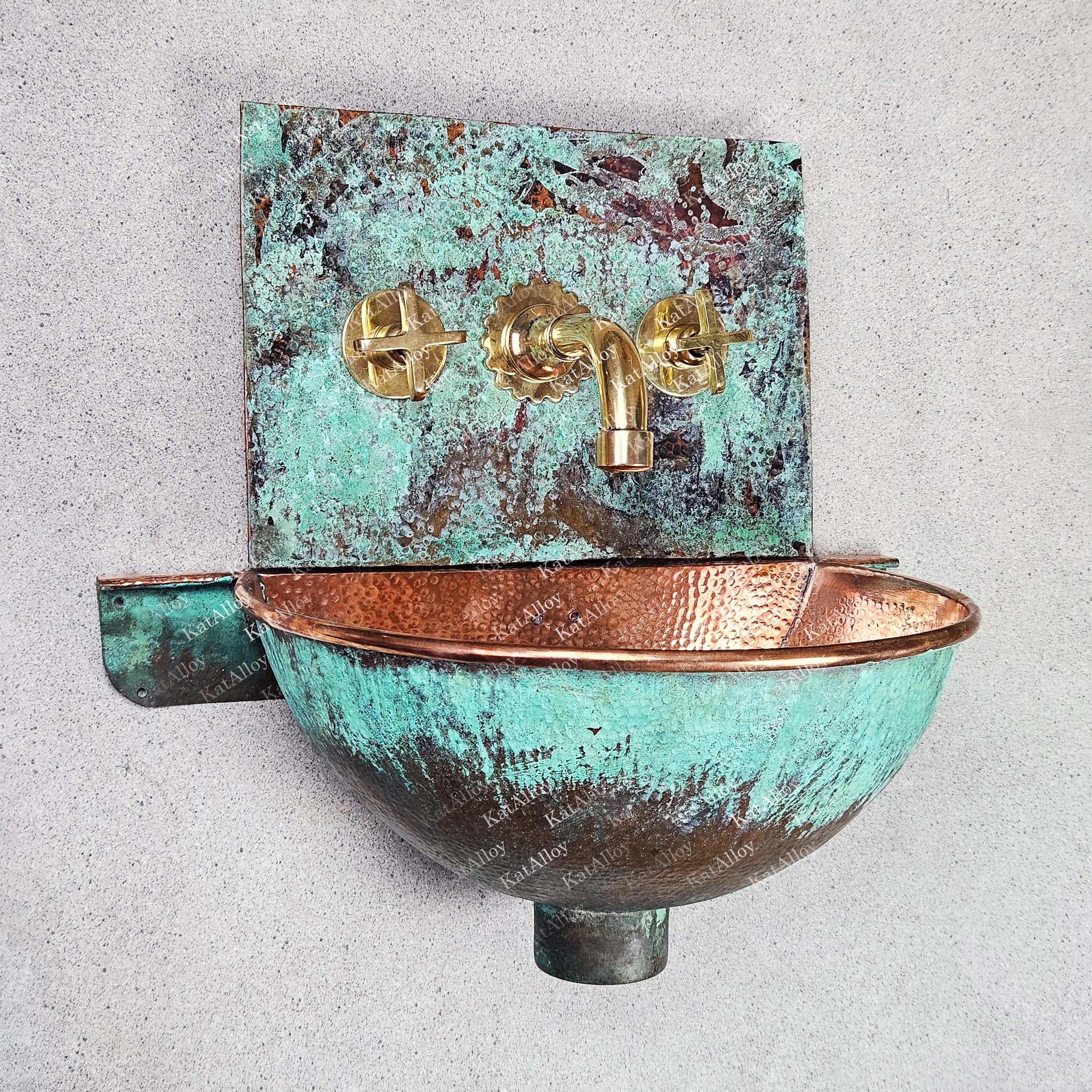 Patina Copper Hung Basin with Brass Faucet – Oxidized Wall-Mounted Copper Sink