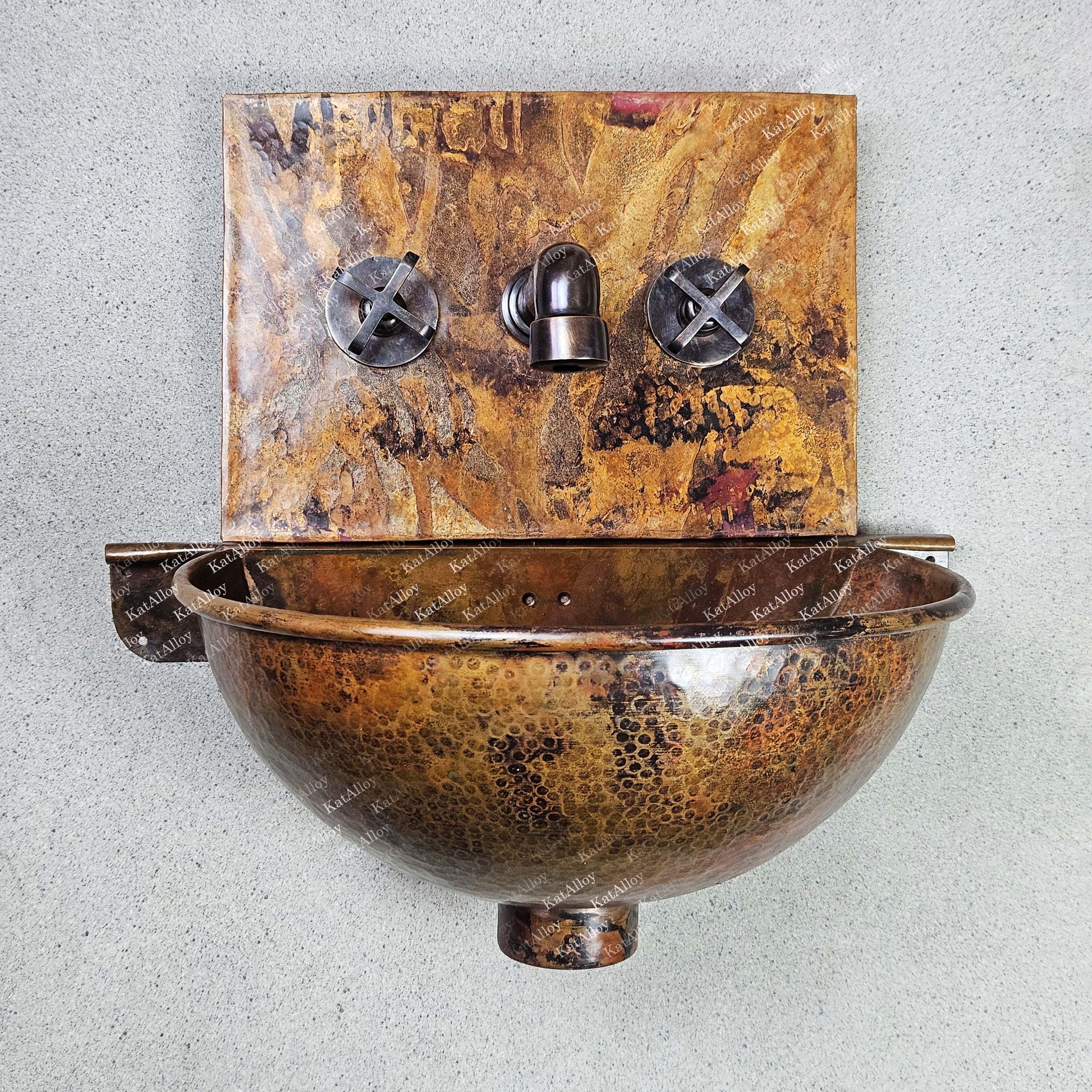 Rustic Copper Wall-Mounted Bathroom Sink with Faucet