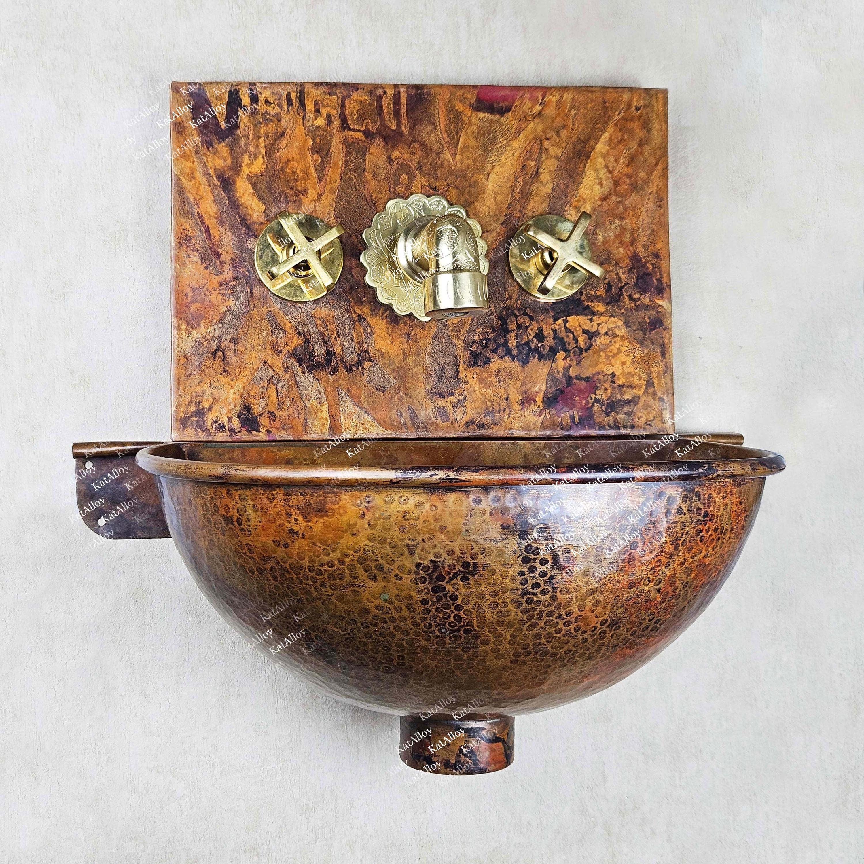 Rustic Copper Wall-Mounted Sink with Engraved Brass Faucet