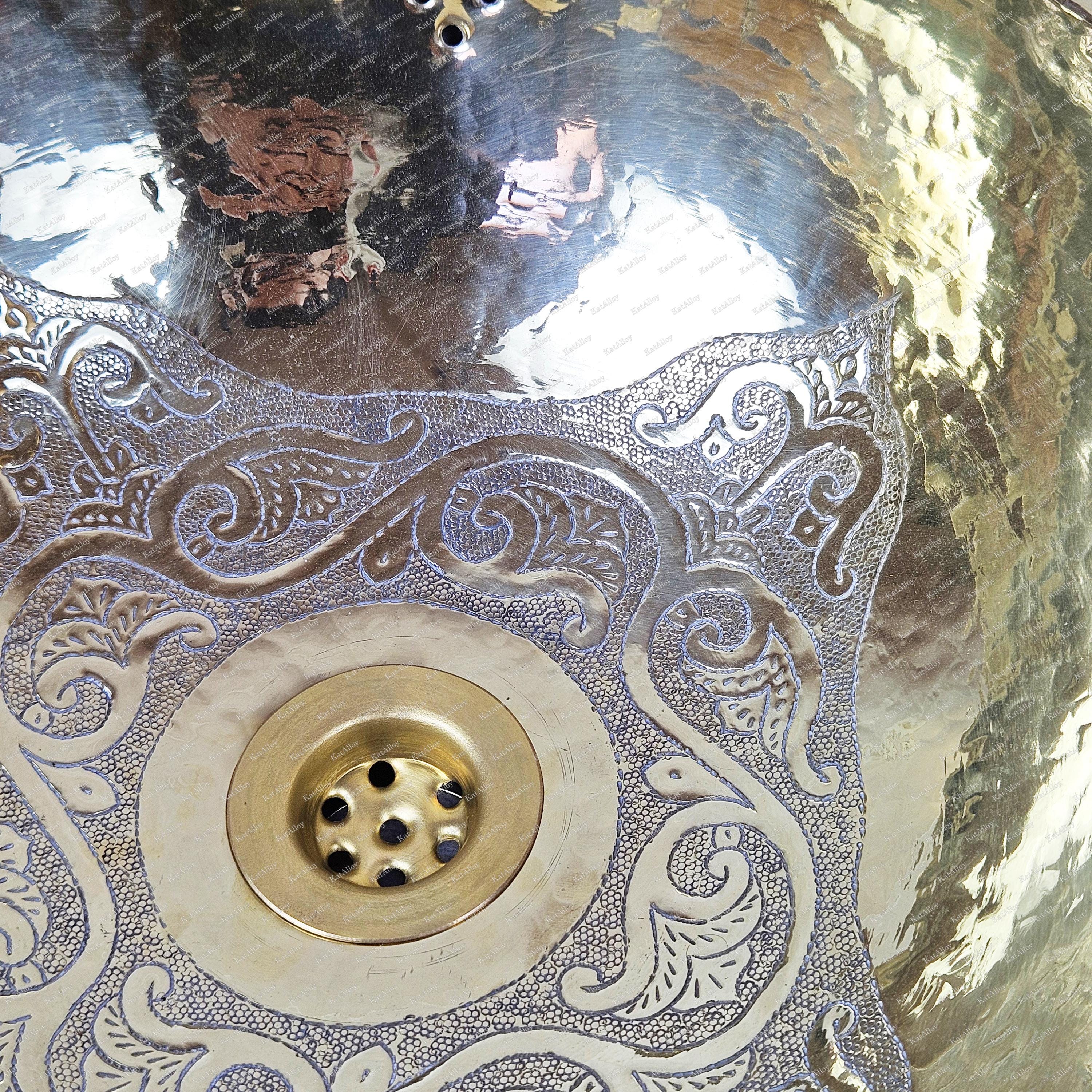 Engraved Round Brass Bathroom Sink – Handcrafted Drop in Basin