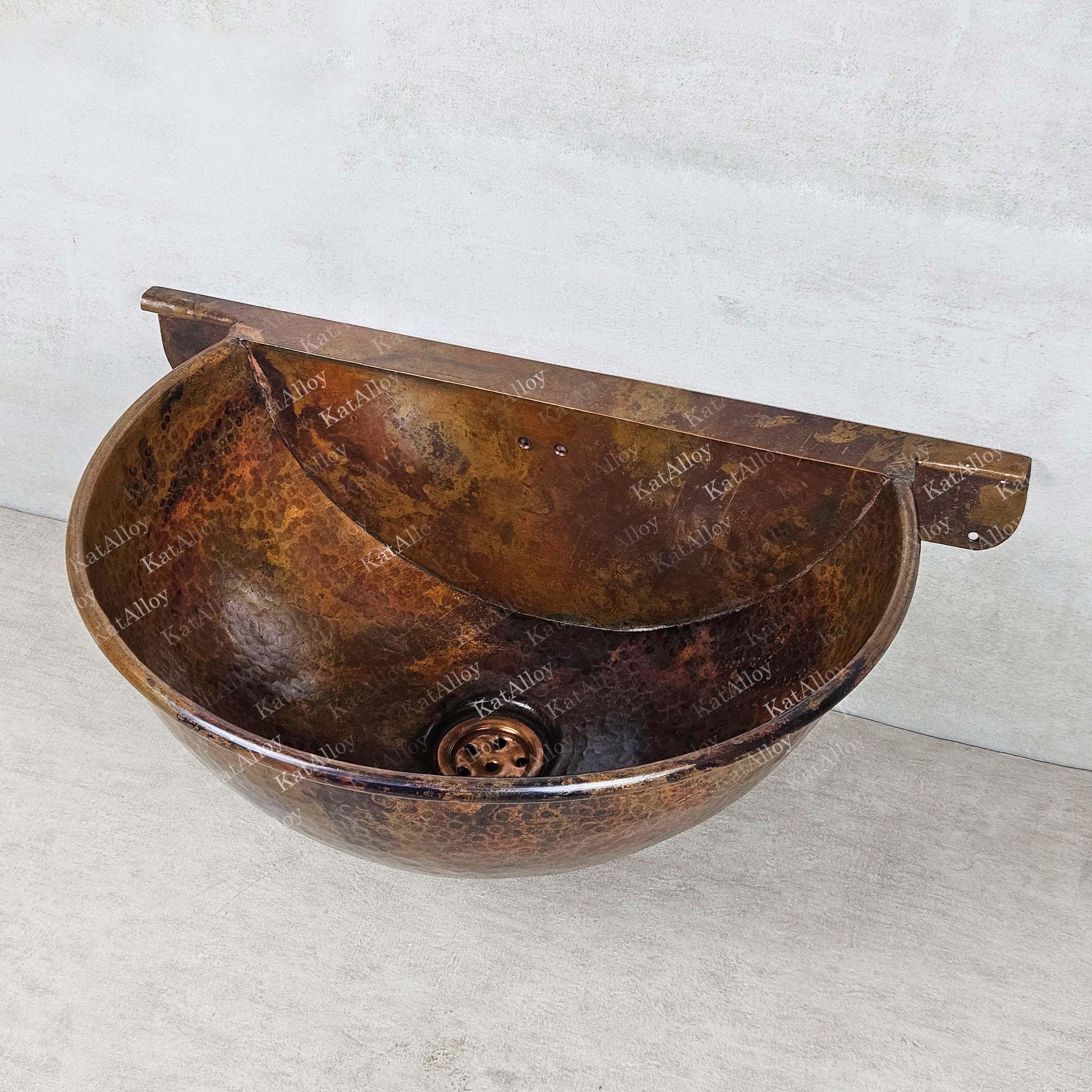 Rustic Hammered Copper Wall-Mount Sink – Solid Handmade Dark Finish Basin