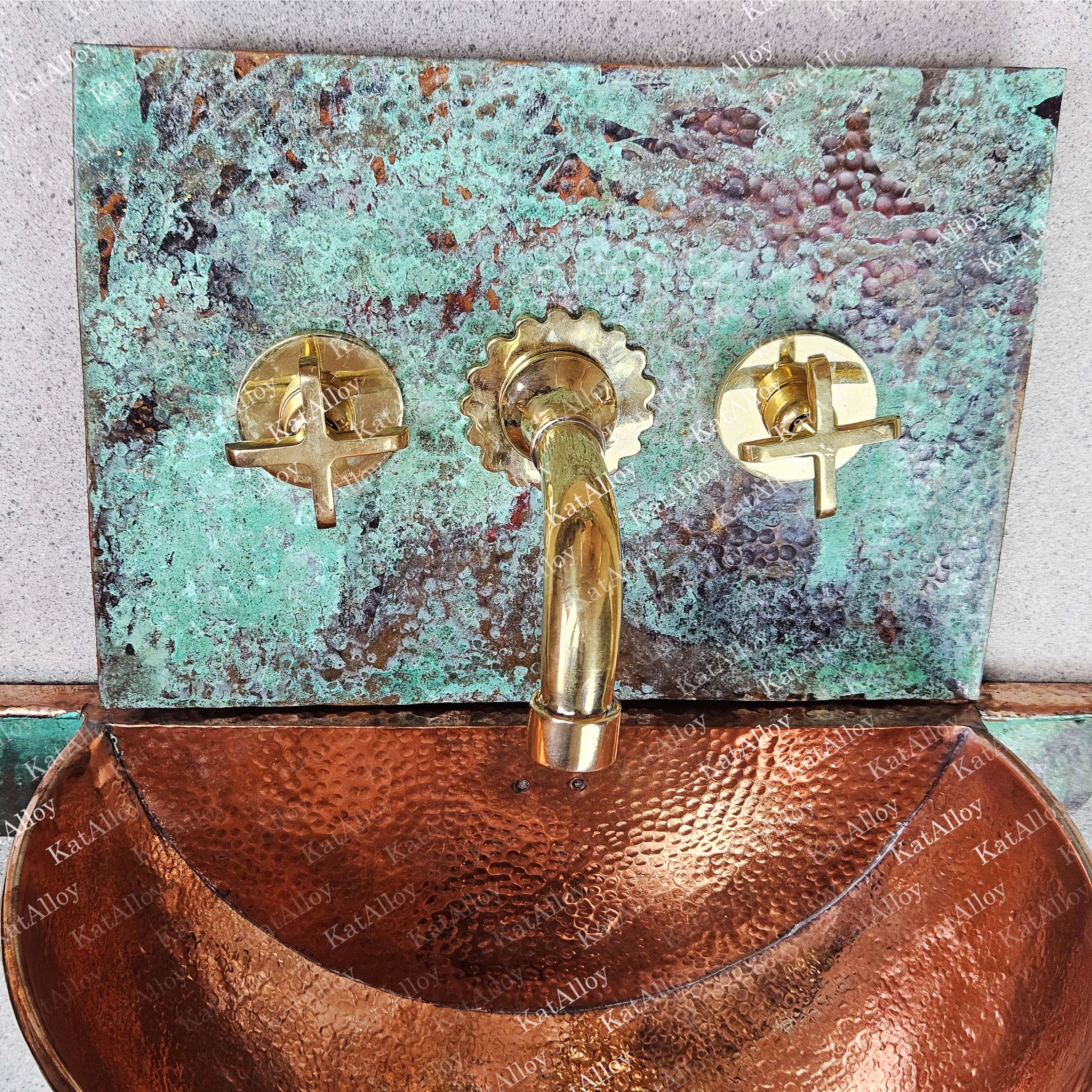 Patina Copper Hung Basin with Brass Faucet – Oxidized Wall-Mounted Copper Sink