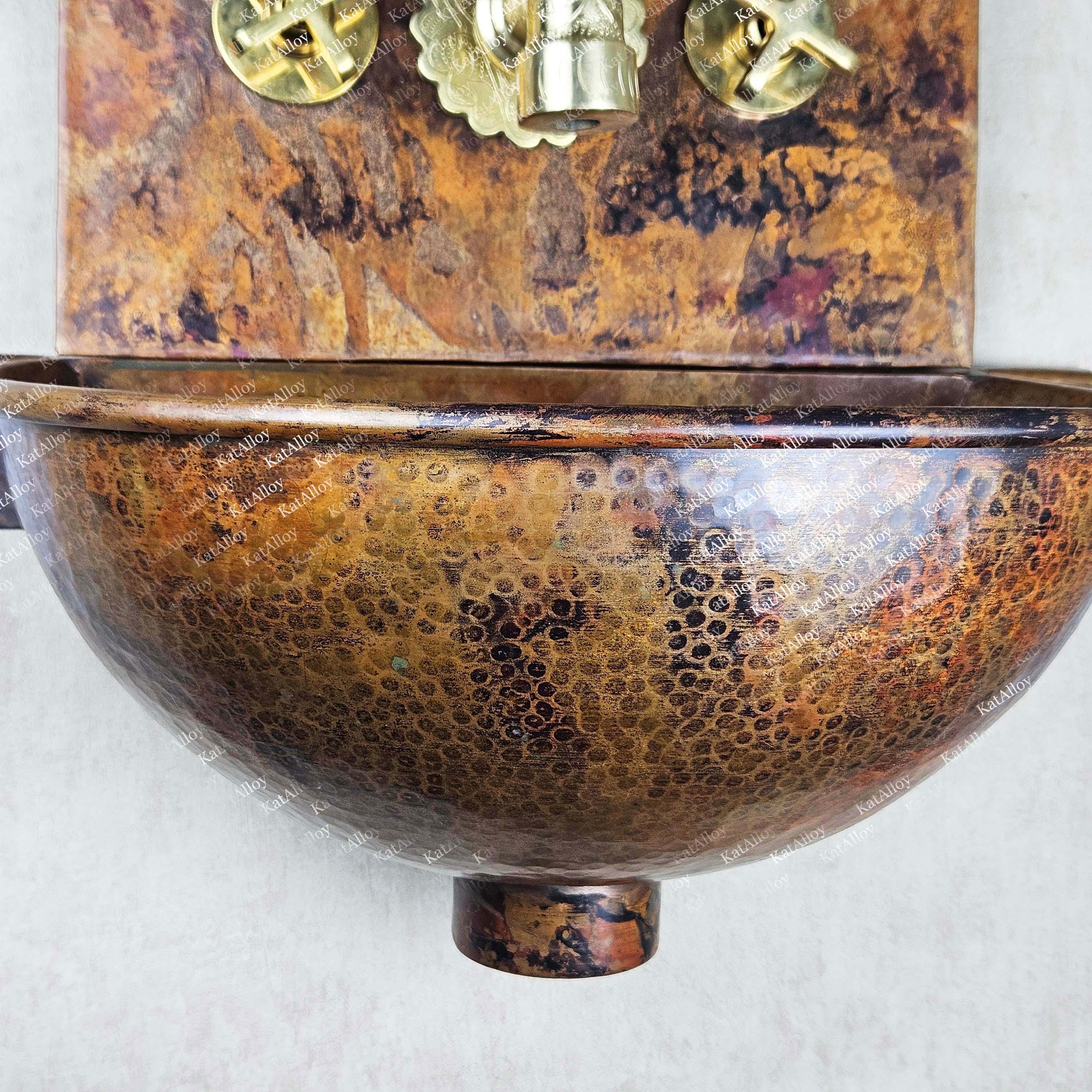 Rustic Copper Wall-Mounted Sink with Engraved Brass Faucet
