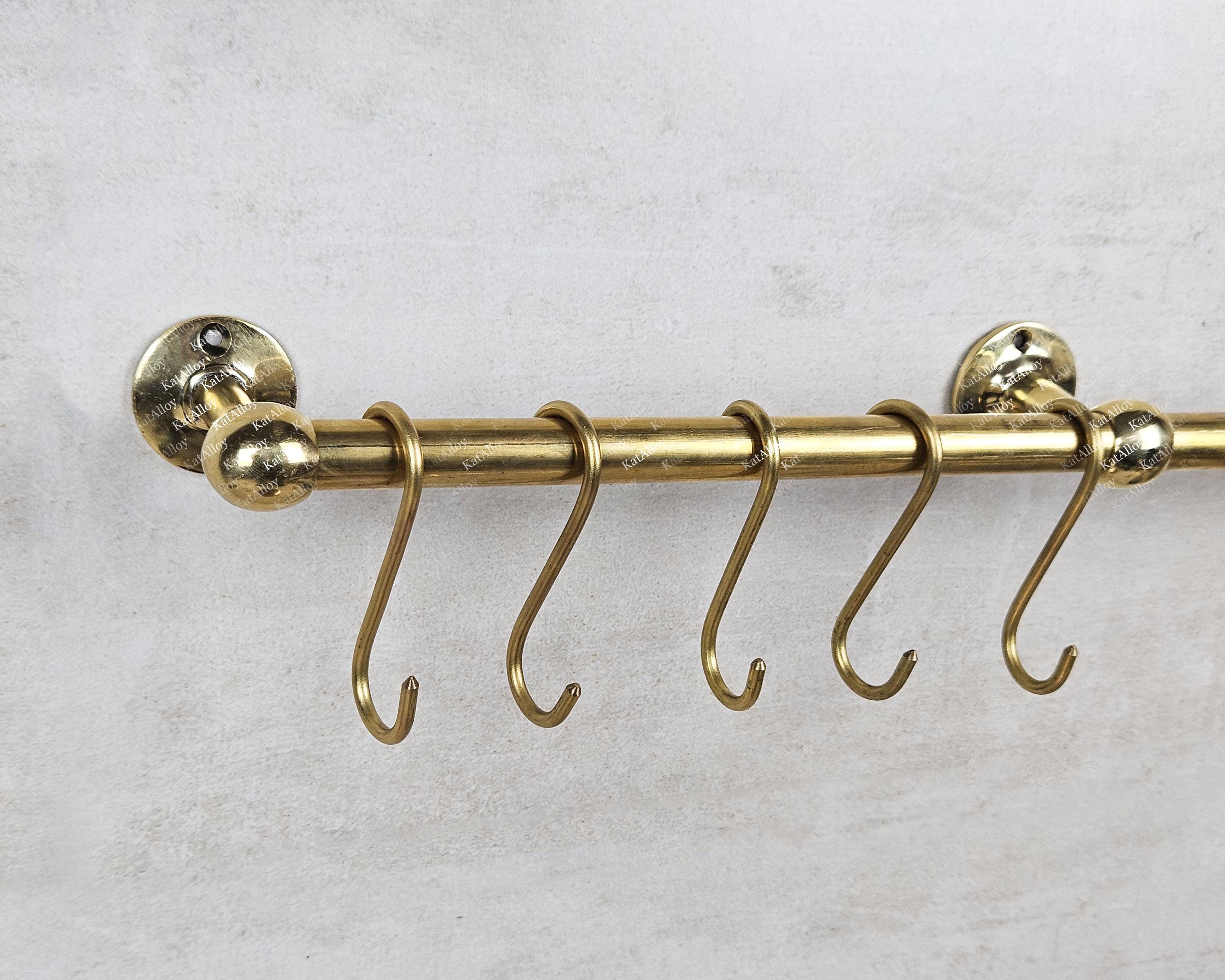 Unlacquered Brass Wall-Mounted Pot Rack with Hooks – Hanging Rail for Pots and Pans