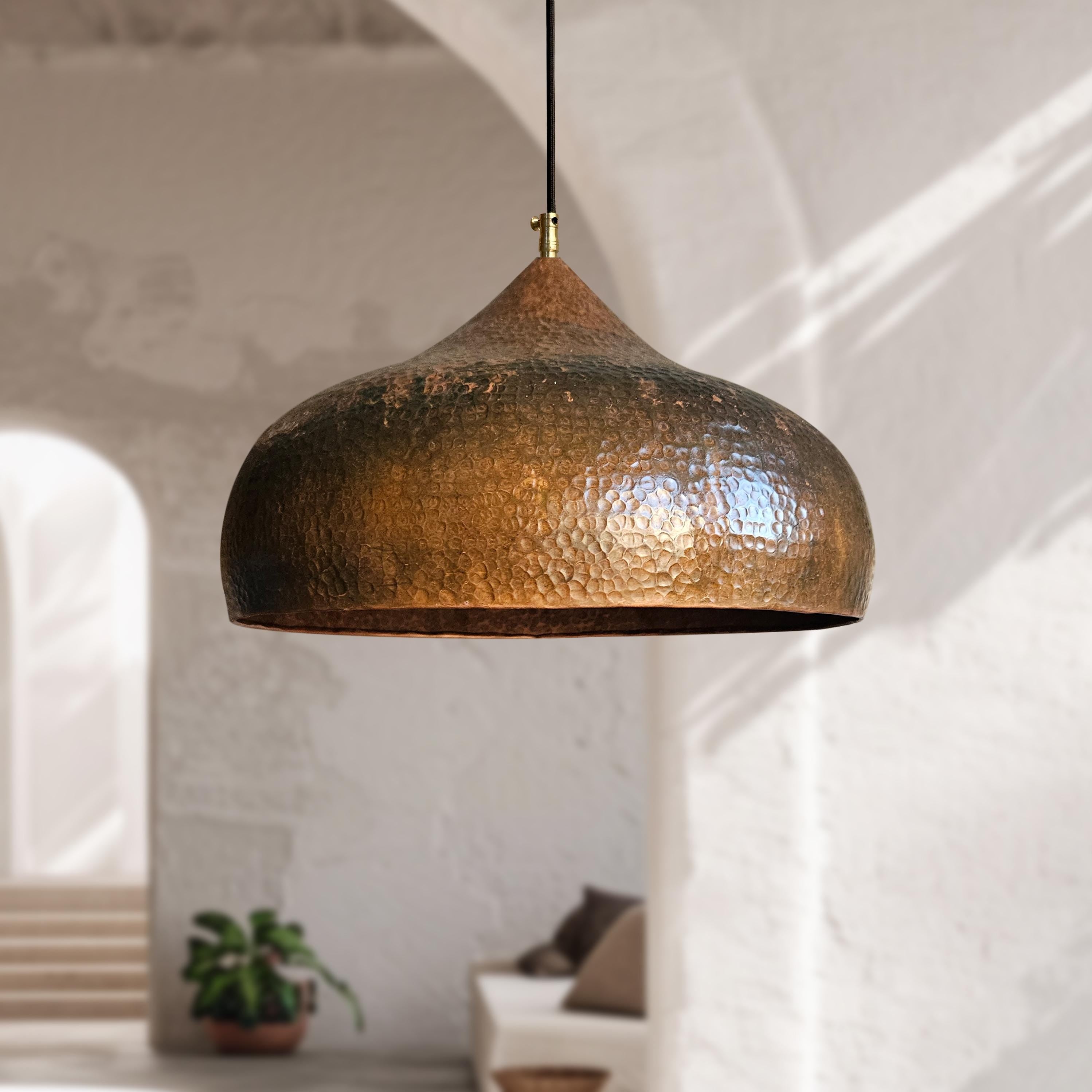 2 Rustic Copper Pendant Lights – Handmade Aged Kitchen Hanging Fixtures