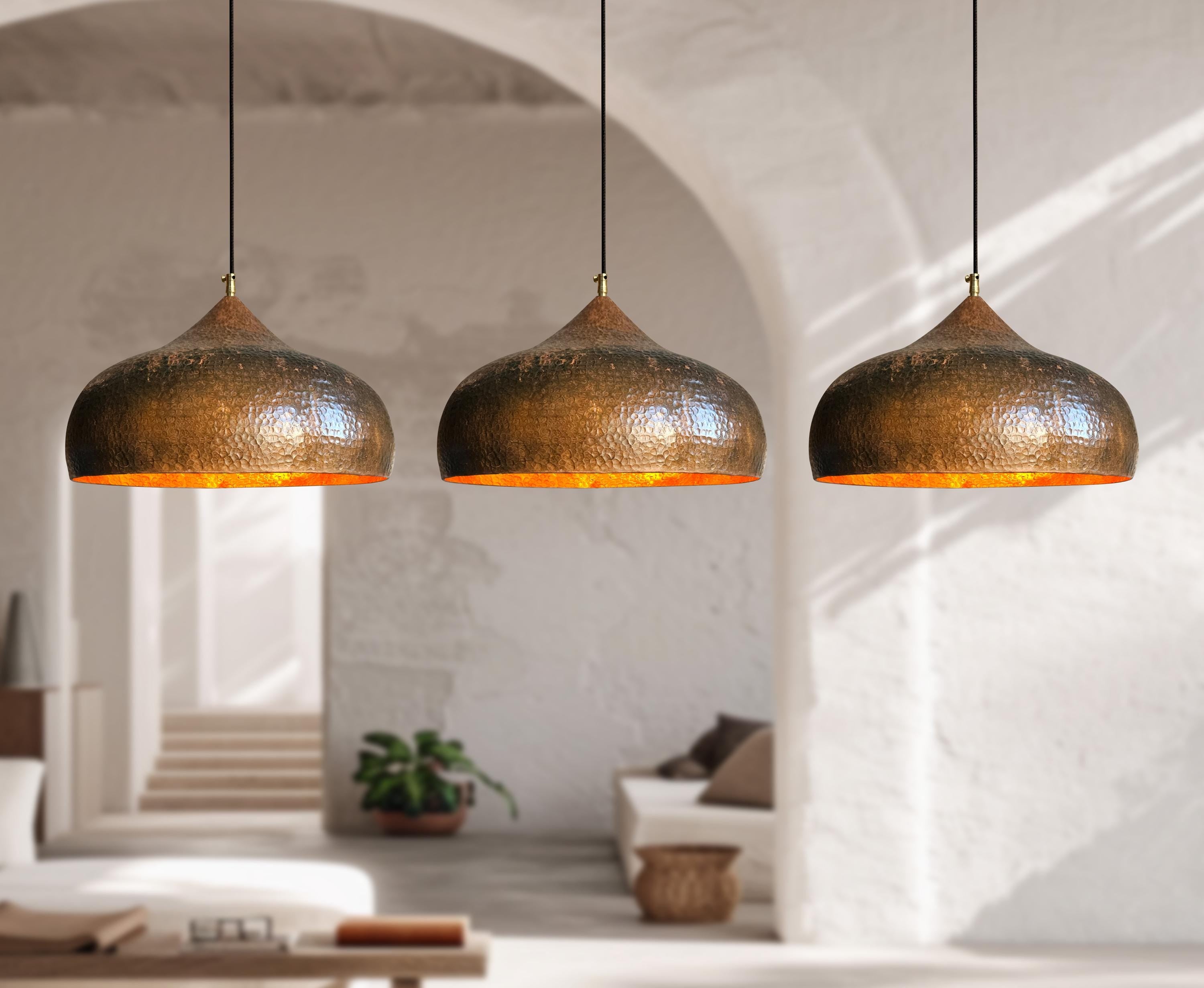 Set of 3 Rustic Copper Pendant Lights – Farmhouse Ceiling Fixtures