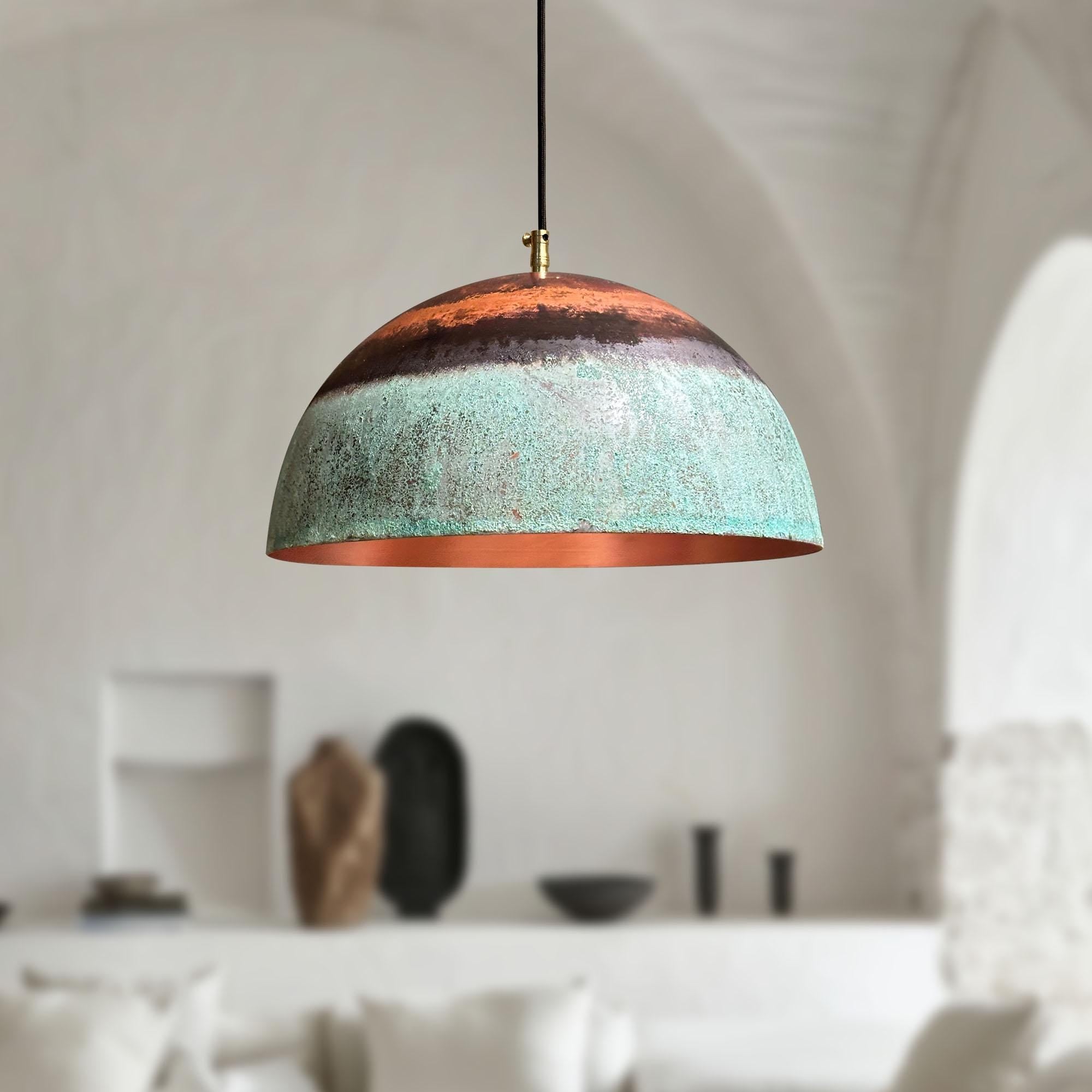 Set of 2 Green Patina Copper Pendant Lights – Oxidized Rustic Dome Fixtures