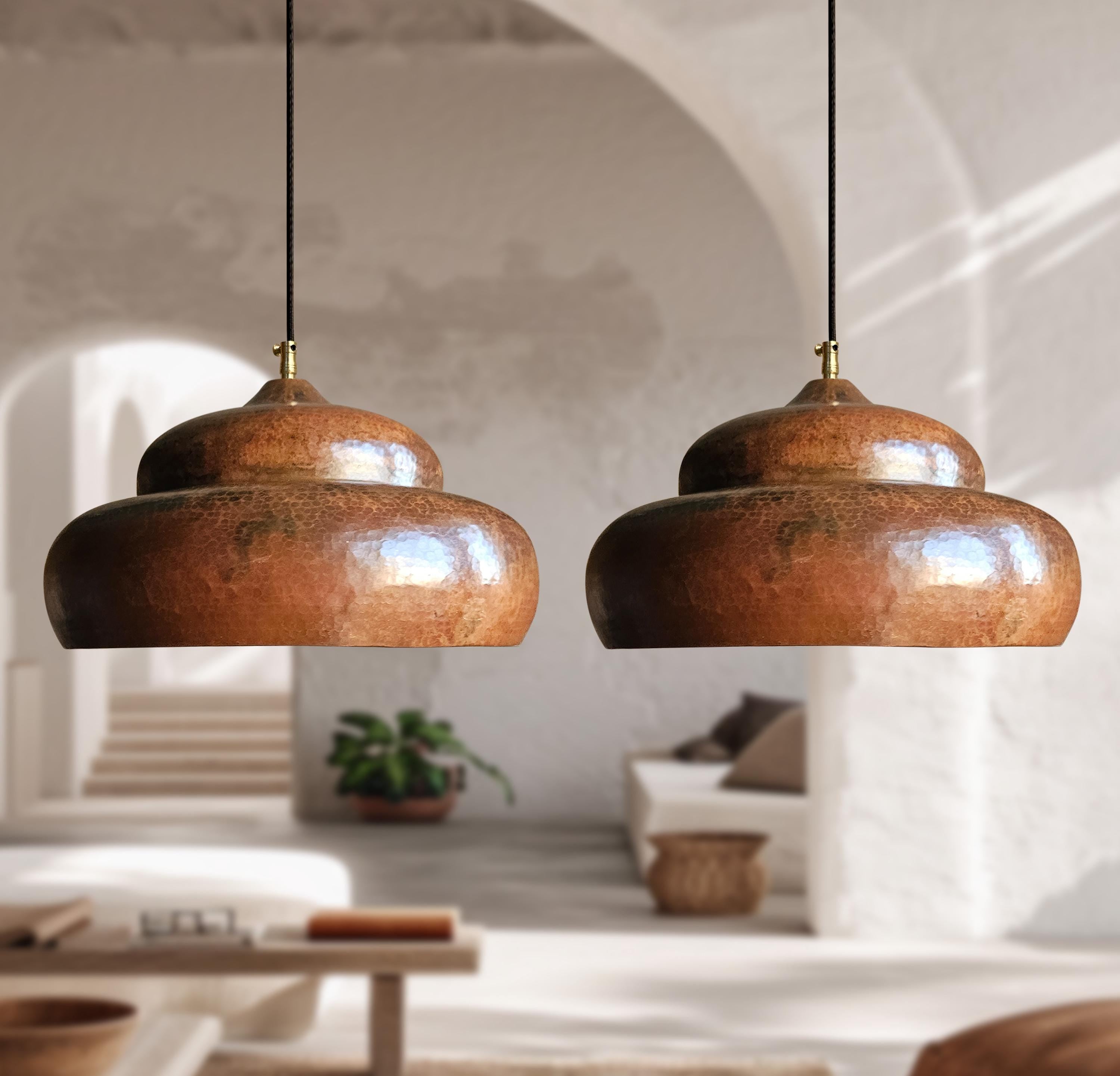 2 Rustic Copper Pendant Lights – Kitchen Island Hanging Fixtures