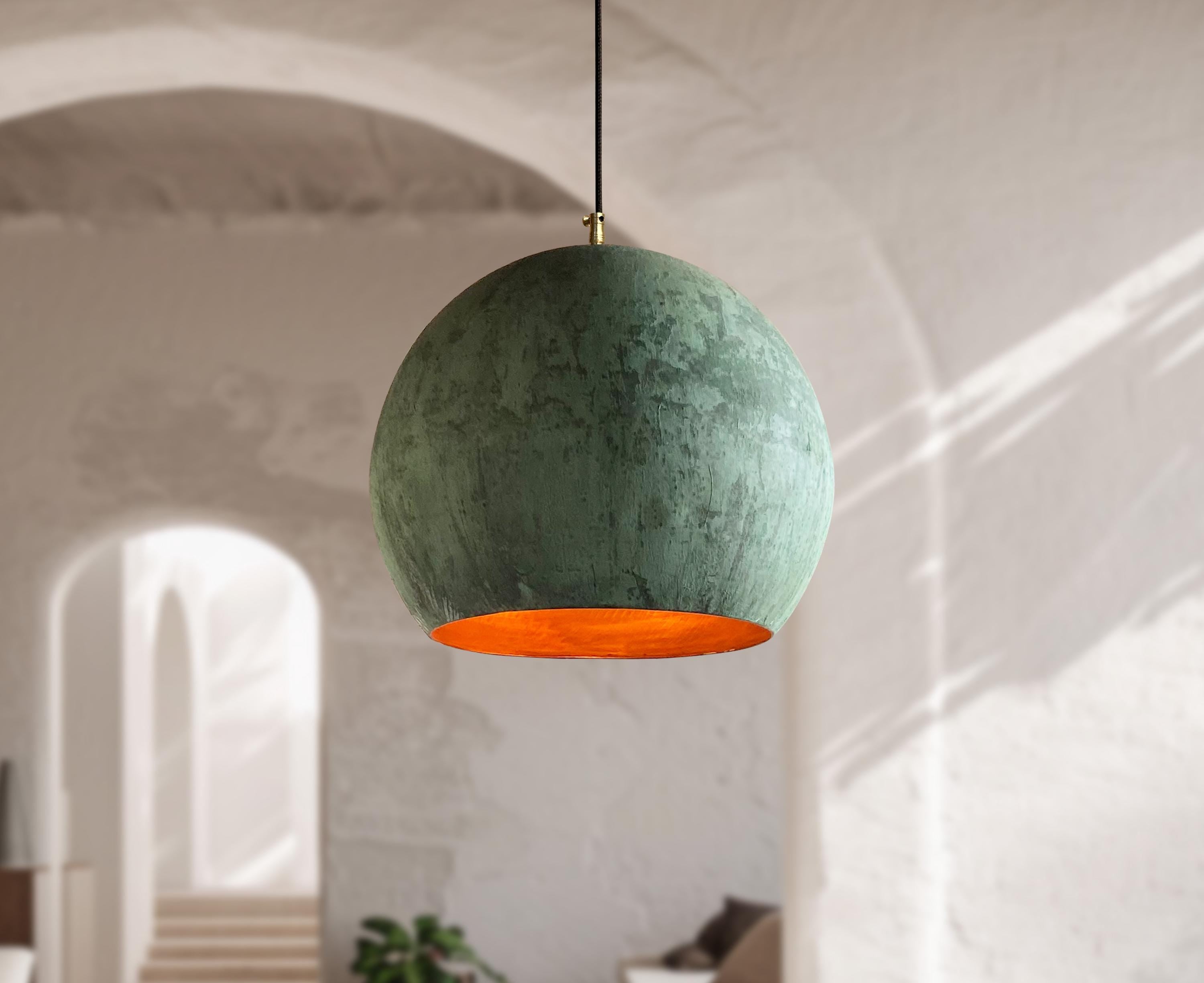 Two Green Patina Copper Pendant Lights – Oxidized Globe Farmhouse Kitchen Island Lighting